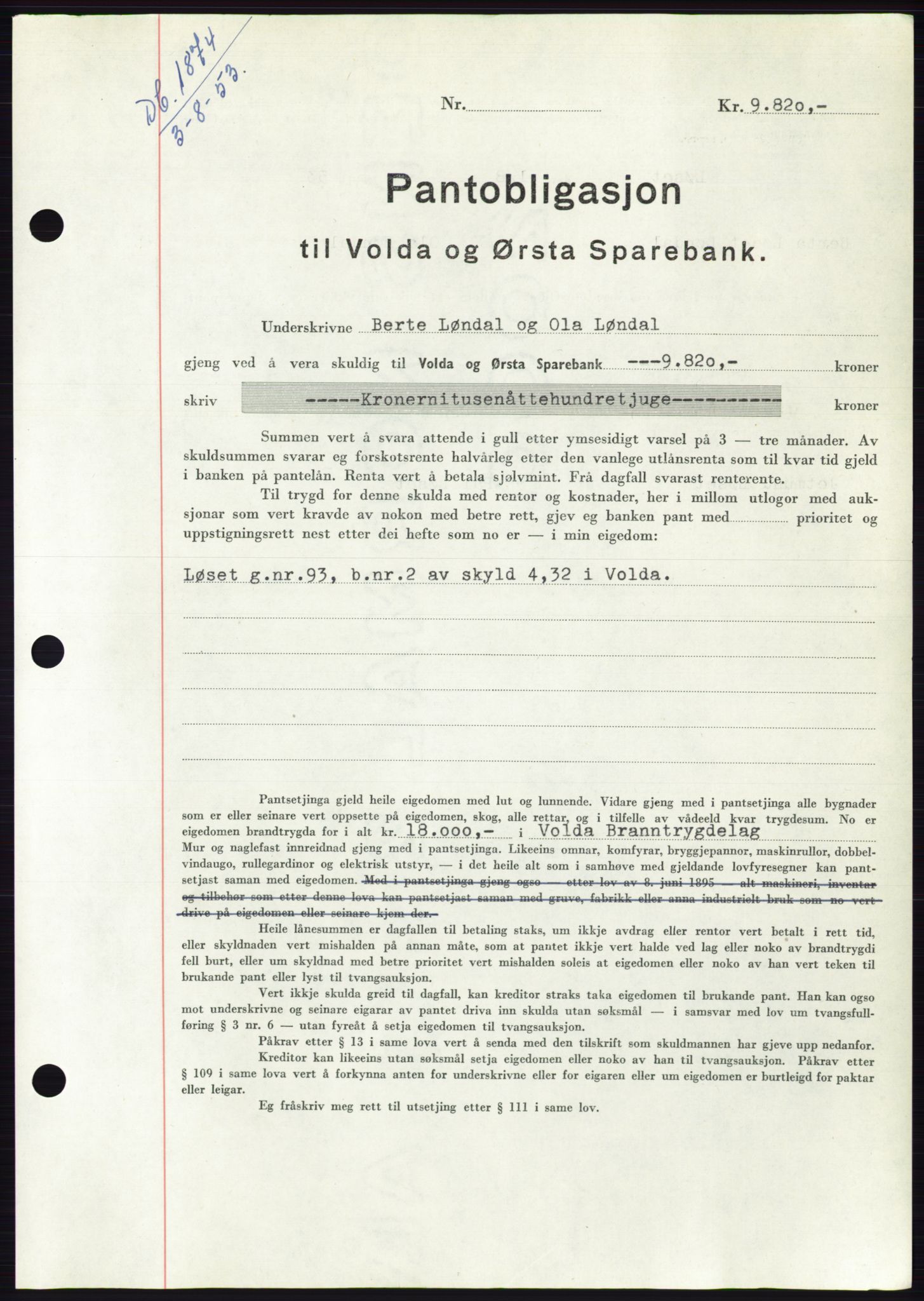 Søre Sunnmøre sorenskriveri, AV/SAT-A-4122/1/2/2C/L0123: Mortgage book no. 11B, 1953-1953, Diary no: : 1874/1953