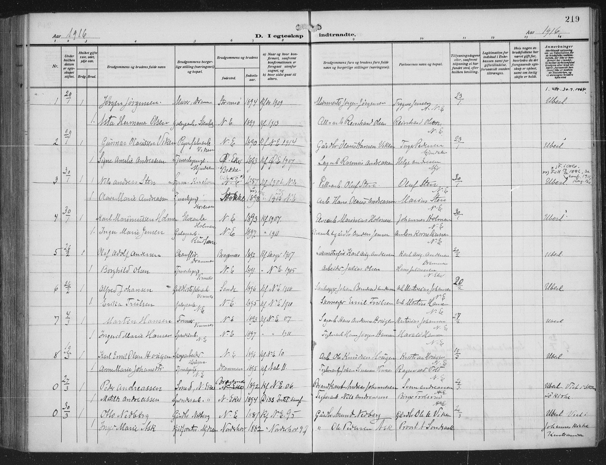 Nedre Eiker kirkebøker, SAKO/A-612/F/Fa/L0007: Parish register (official) no. 7, 1912-1918, p. 219