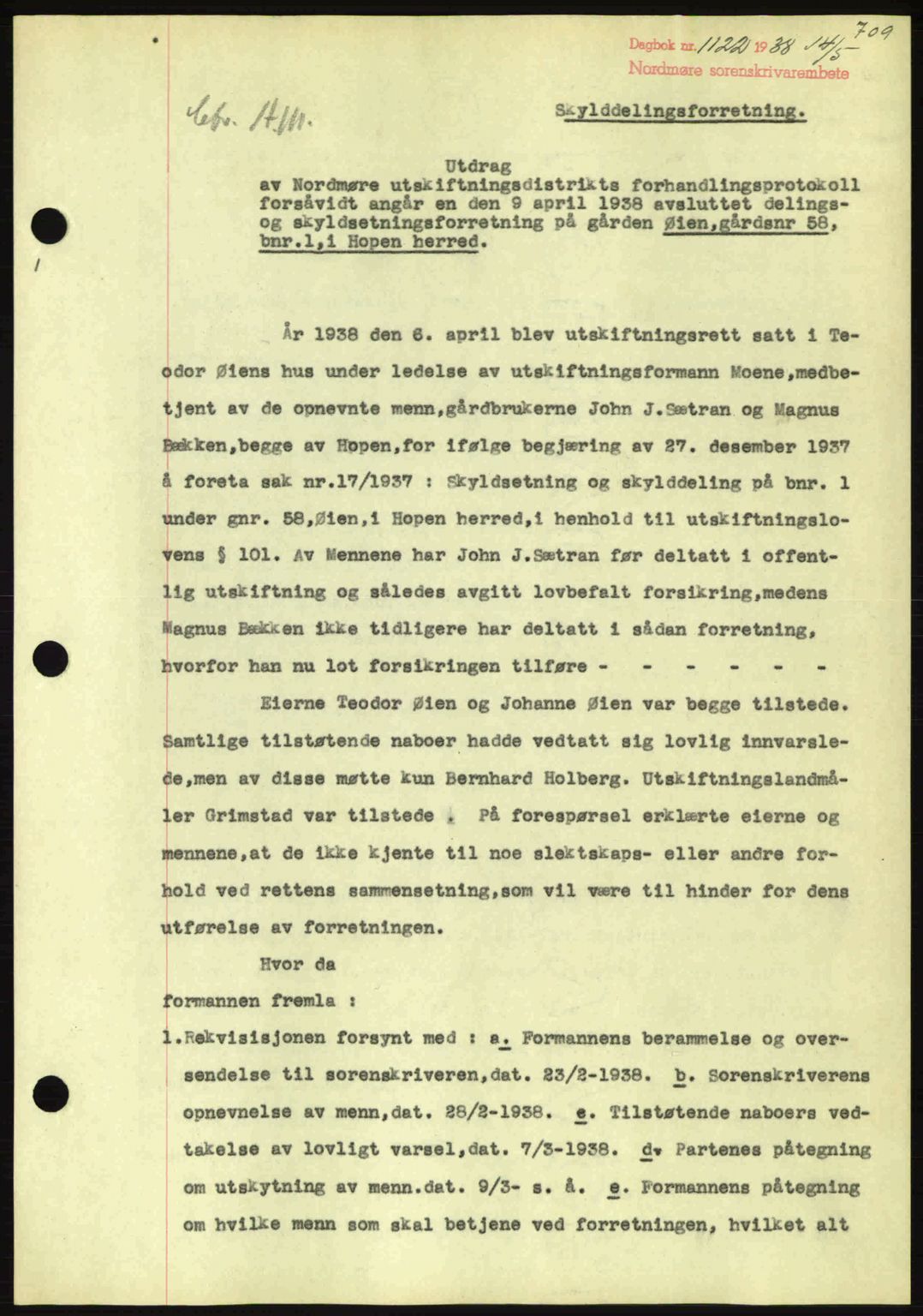 Nordmøre sorenskriveri, AV/SAT-A-4132/1/2/2Ca: Mortgage book no. A83, 1938-1938, Diary no: : 1122/1938