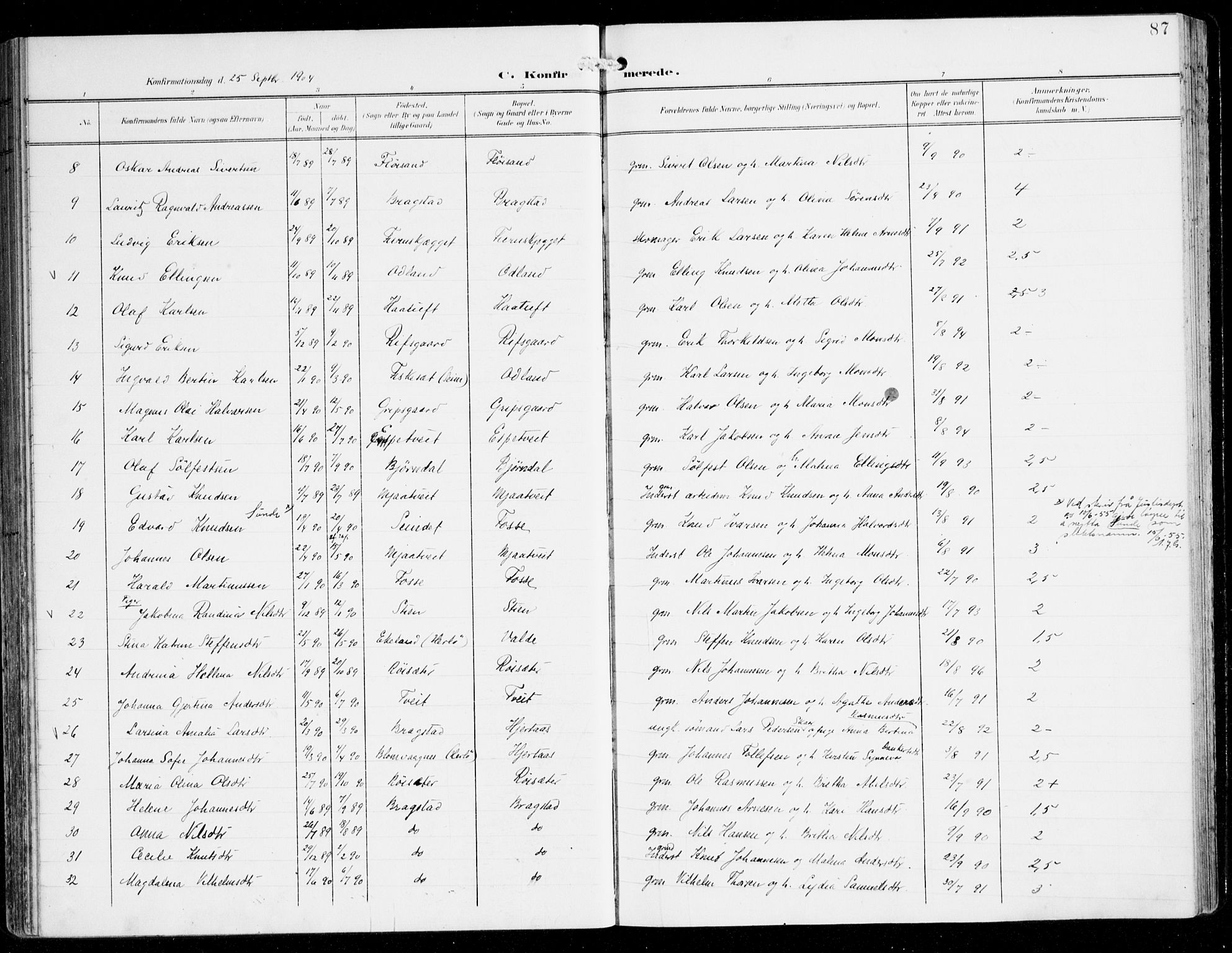 Alversund Sokneprestembete, AV/SAB-A-73901/H/Ha/Haa/Haac/L0002: Parish register (official) no. C 2, 1901-1921, p. 87