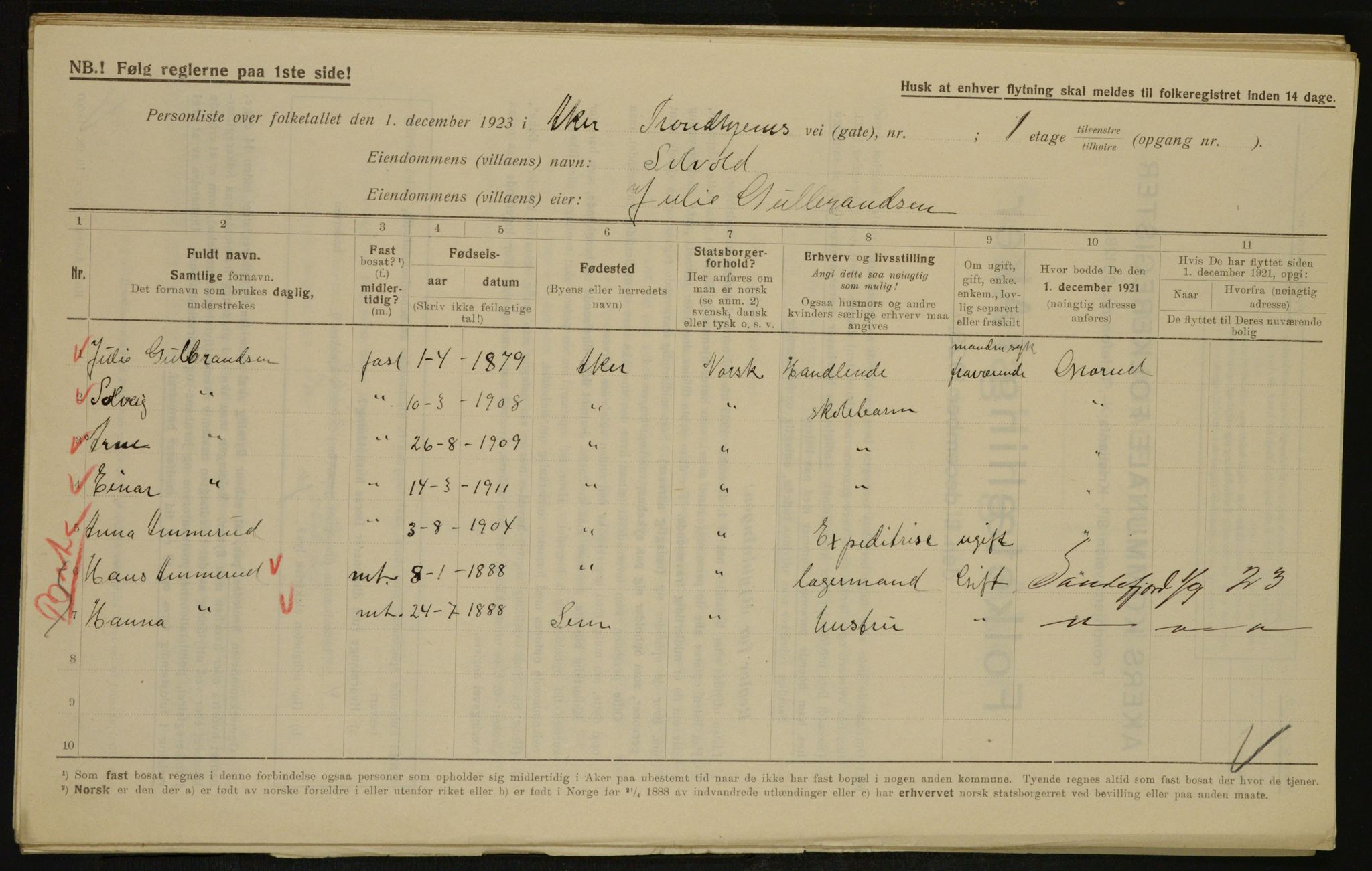 , Municipal Census 1923 for Aker, 1923, p. 33940