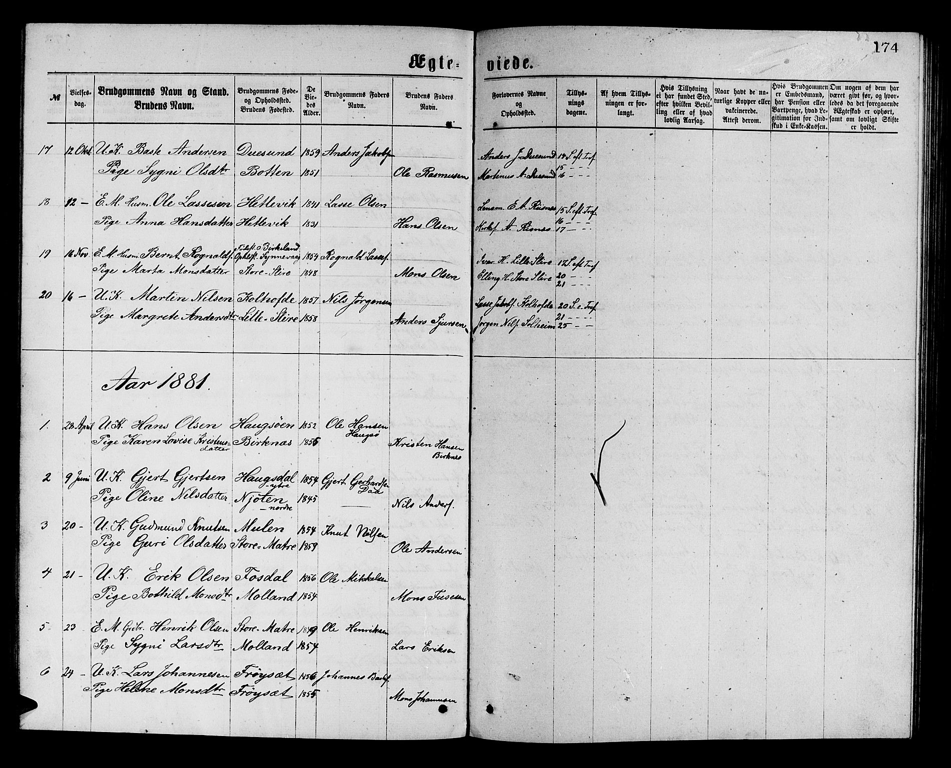 Masfjorden Sokneprestembete, AV/SAB-A-77001: Parish register (copy) no. A 2, 1876-1891, p. 174