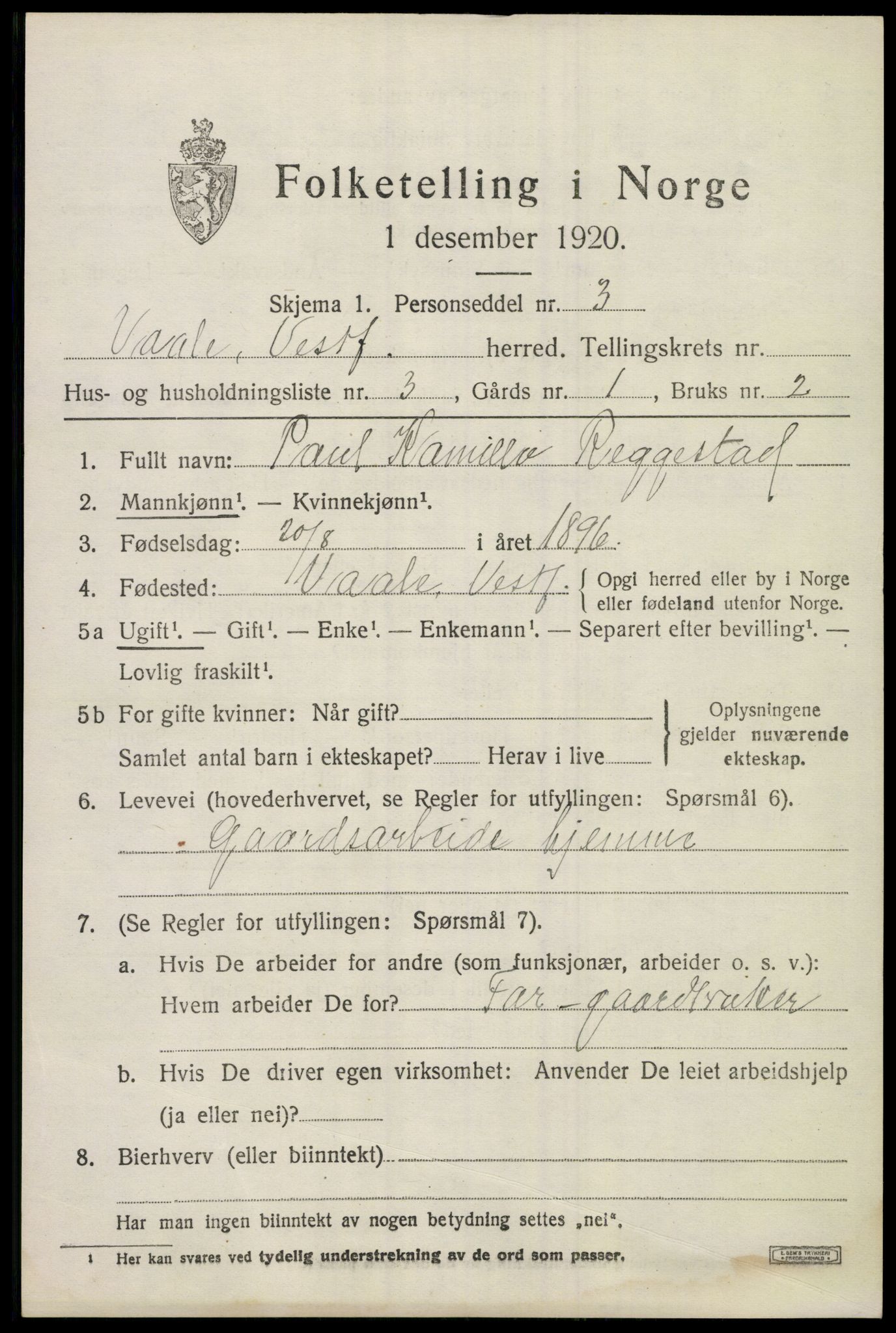 SAKO, 1920 census for Våle, 1920, p. 1104
