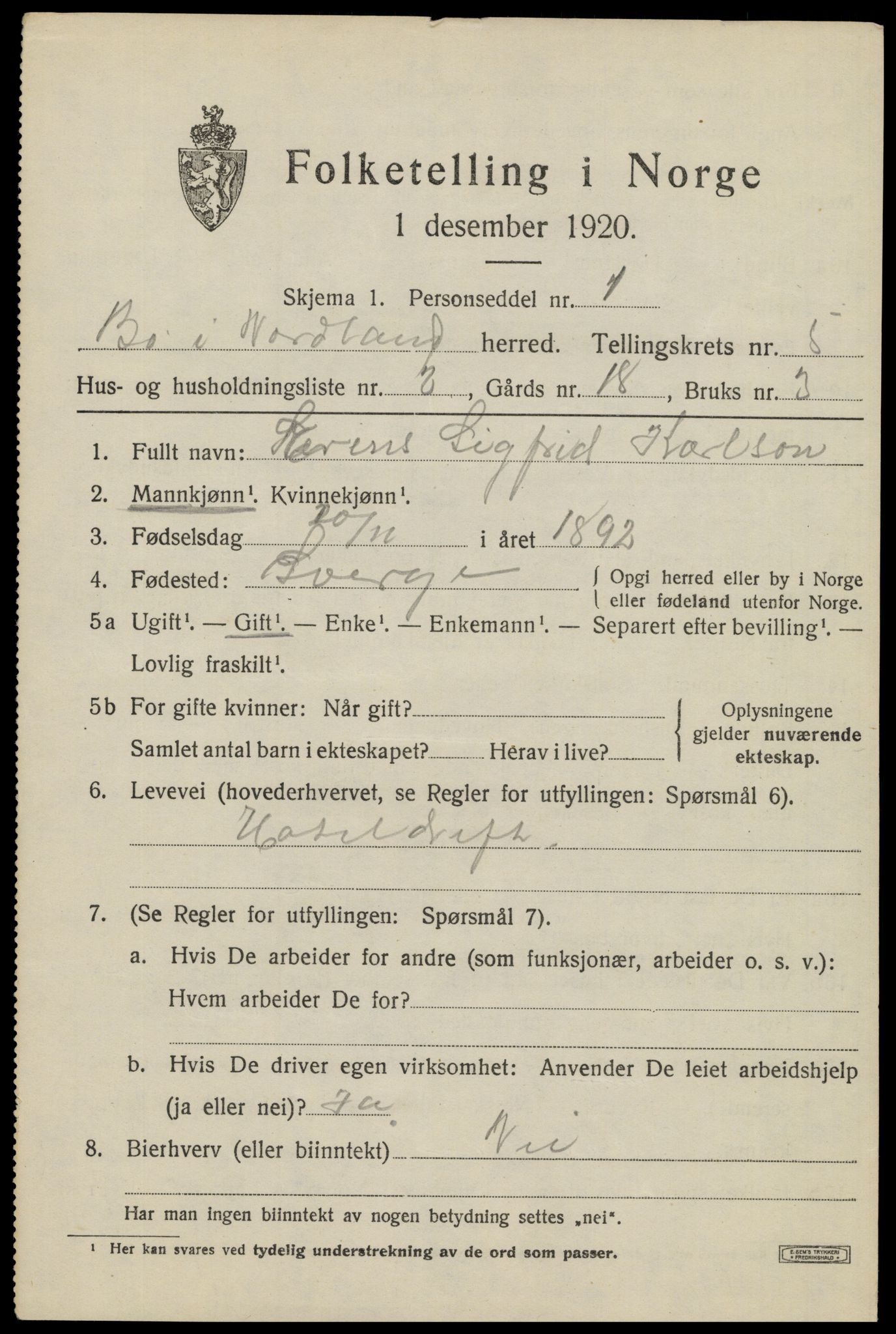 SAT, 1920 census for Bø, 1920, p. 4340