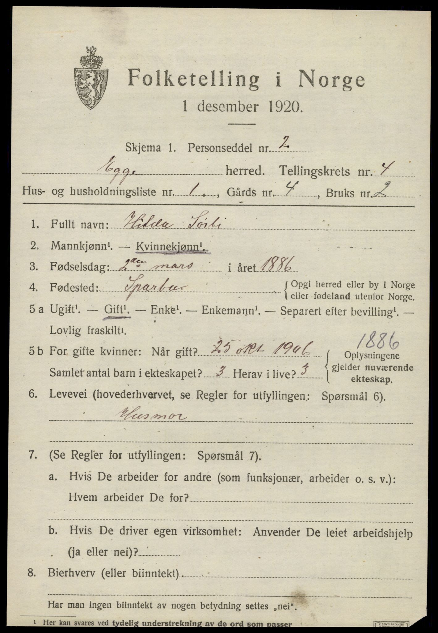 SAT, 1920 census for Egge, 1920, p. 2390