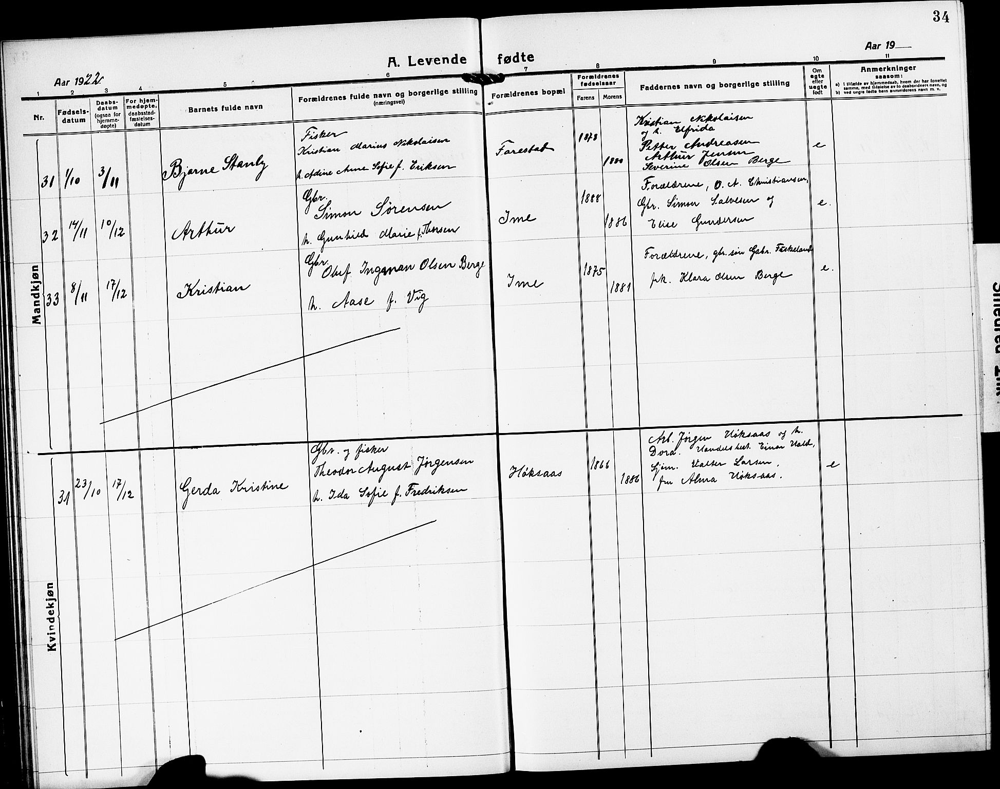 Mandal sokneprestkontor, AV/SAK-1111-0030/F/Fb/Fba/L0013: Parish register (copy) no. B 7, 1918-1931, p. 34