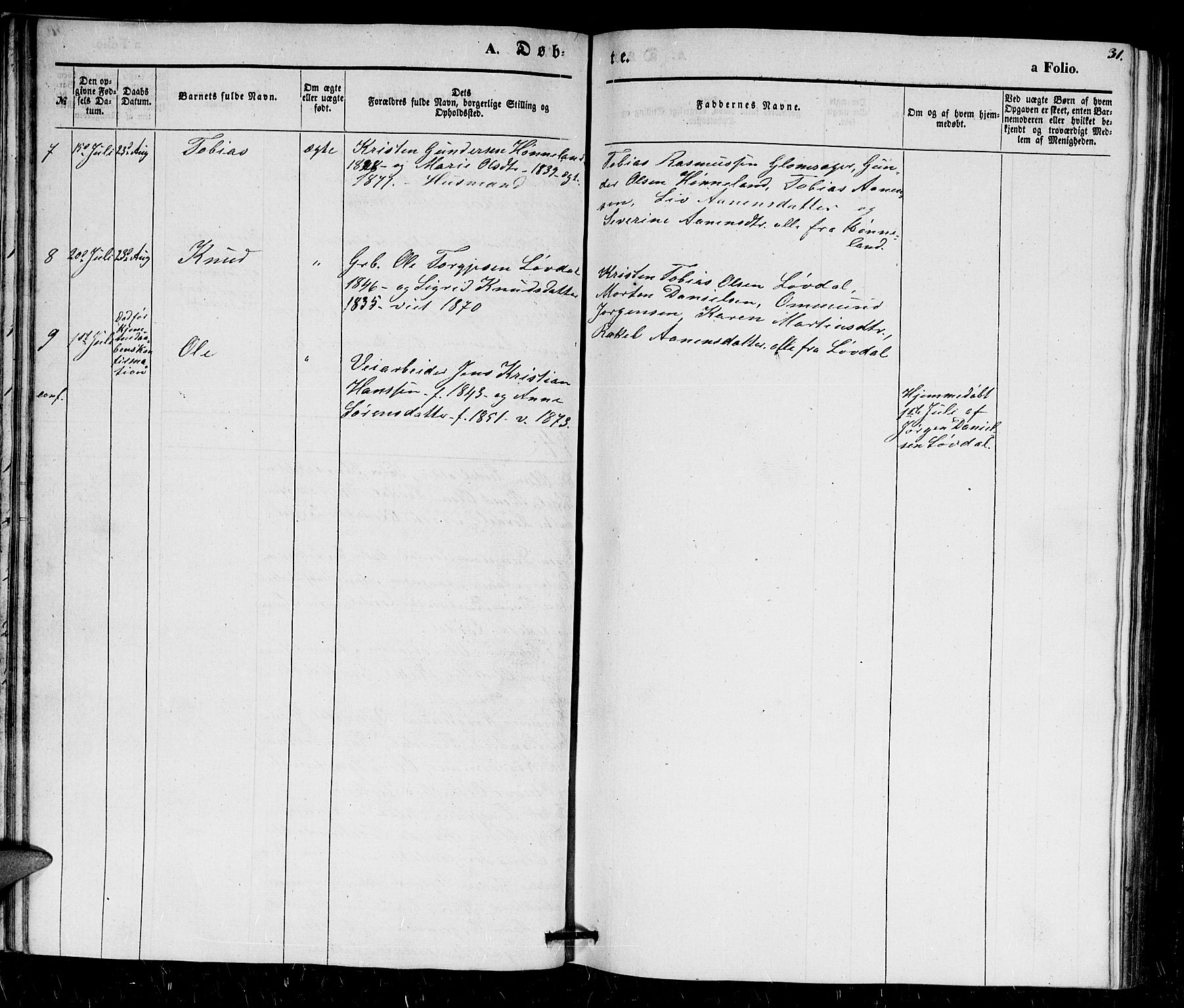 Holum sokneprestkontor, SAK/1111-0022/F/Fb/Fbb/L0002: Parish register (copy) no. B 2, 1847-1874, p. 31