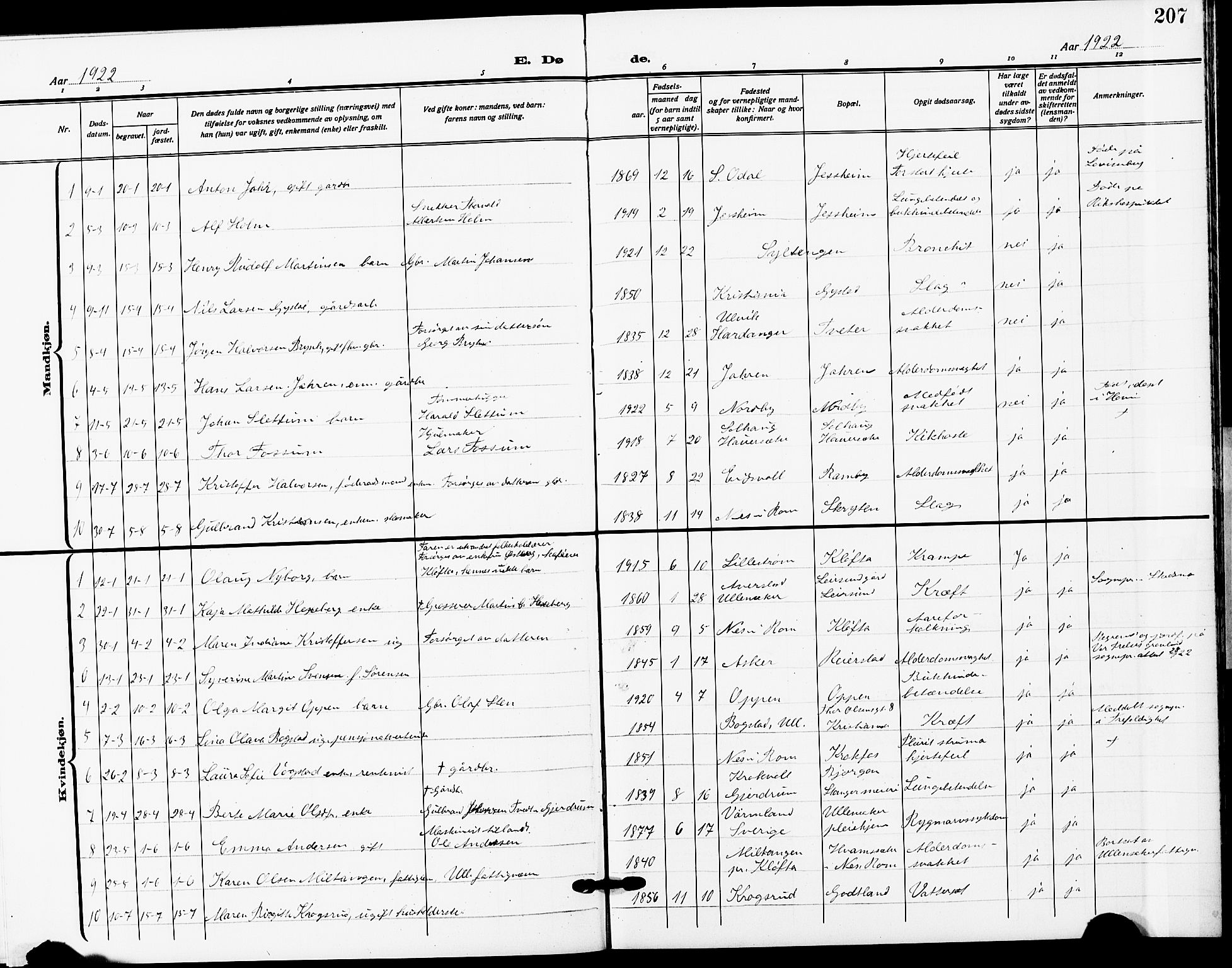 Ullensaker prestekontor Kirkebøker, SAO/A-10236a/G/Ga/L0003: Parish register (copy) no. I 3, 1914-1929, p. 207