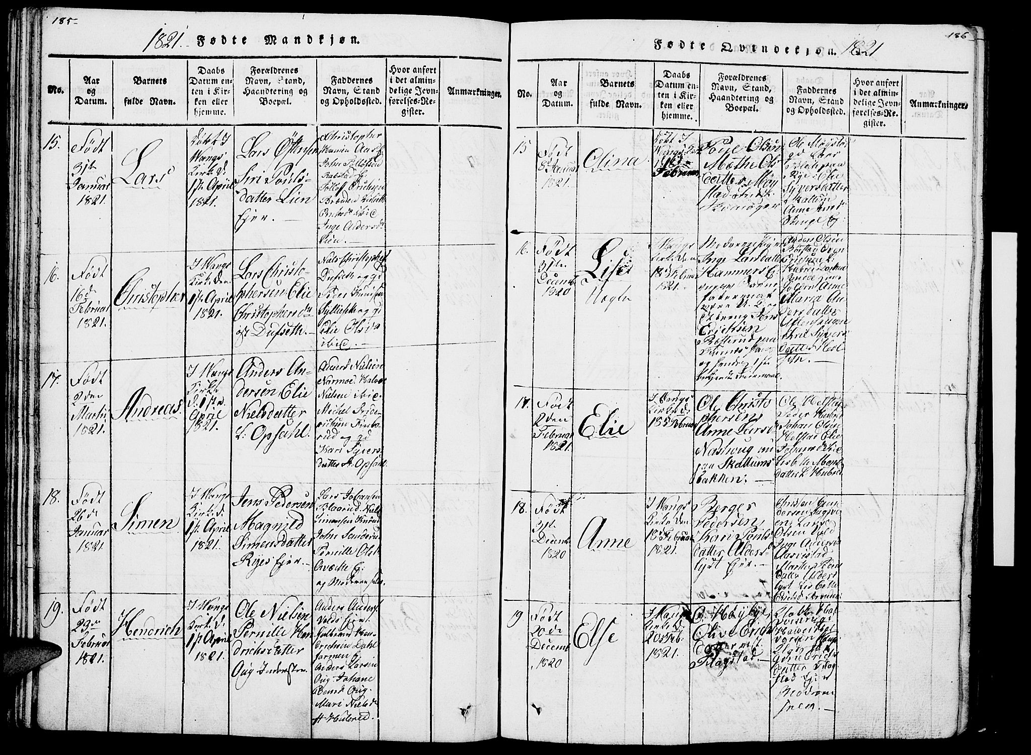 Vang prestekontor, Hedmark, AV/SAH-PREST-008/H/Ha/Haa/L0007: Parish register (official) no. 7, 1813-1826, p. 185-186