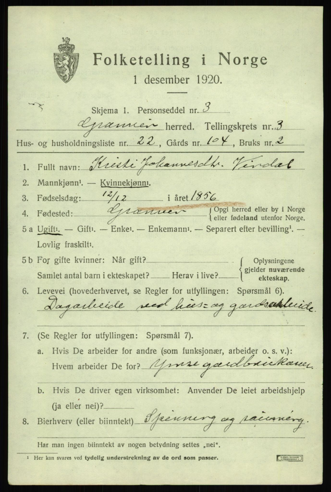 SAB, 1920 census for Granvin, 1920, p. 1382