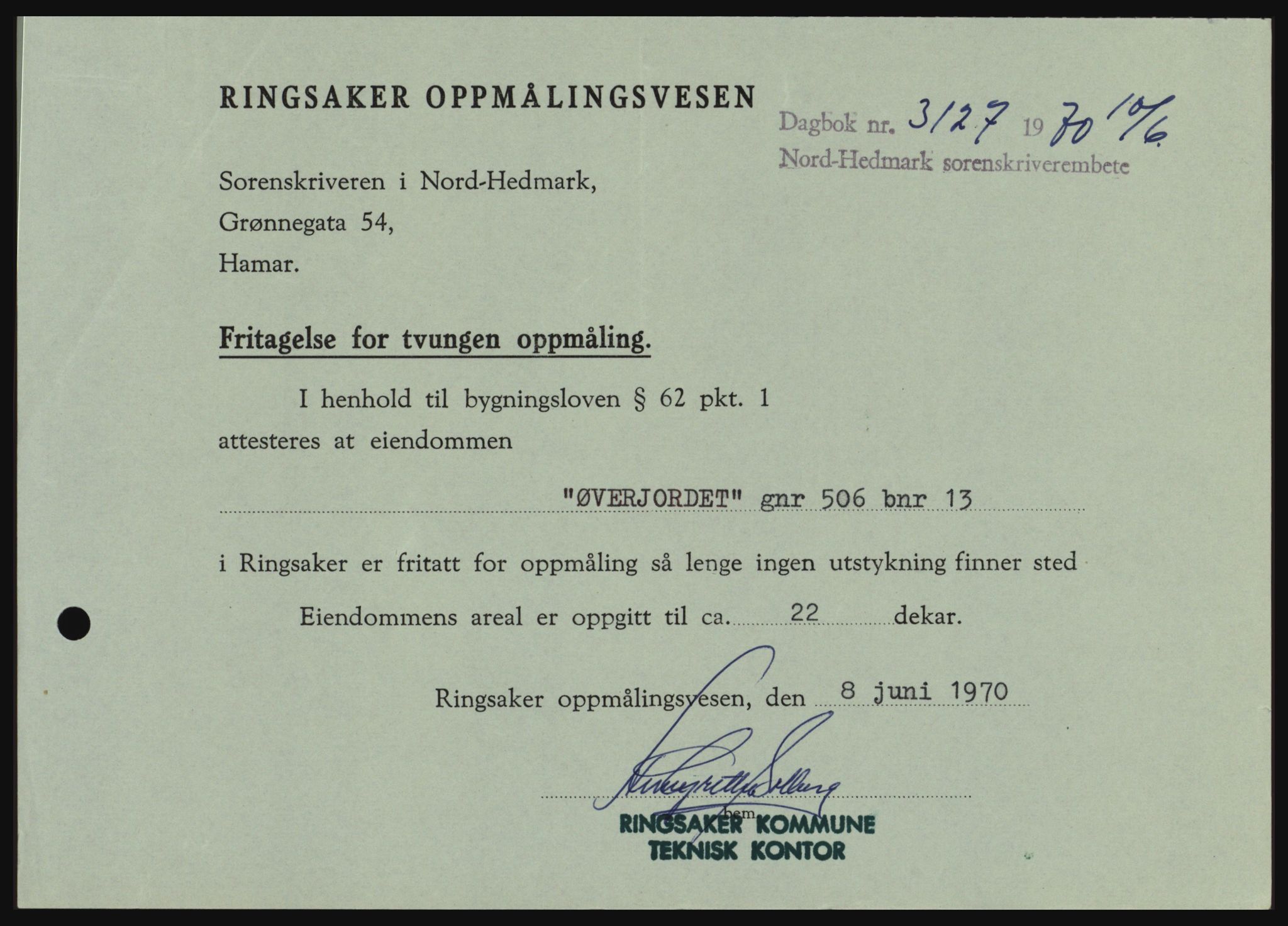 Nord-Hedmark sorenskriveri, SAH/TING-012/H/Hc/L0033: Mortgage book no. 33, 1970-1970, Diary no: : 3127/1970