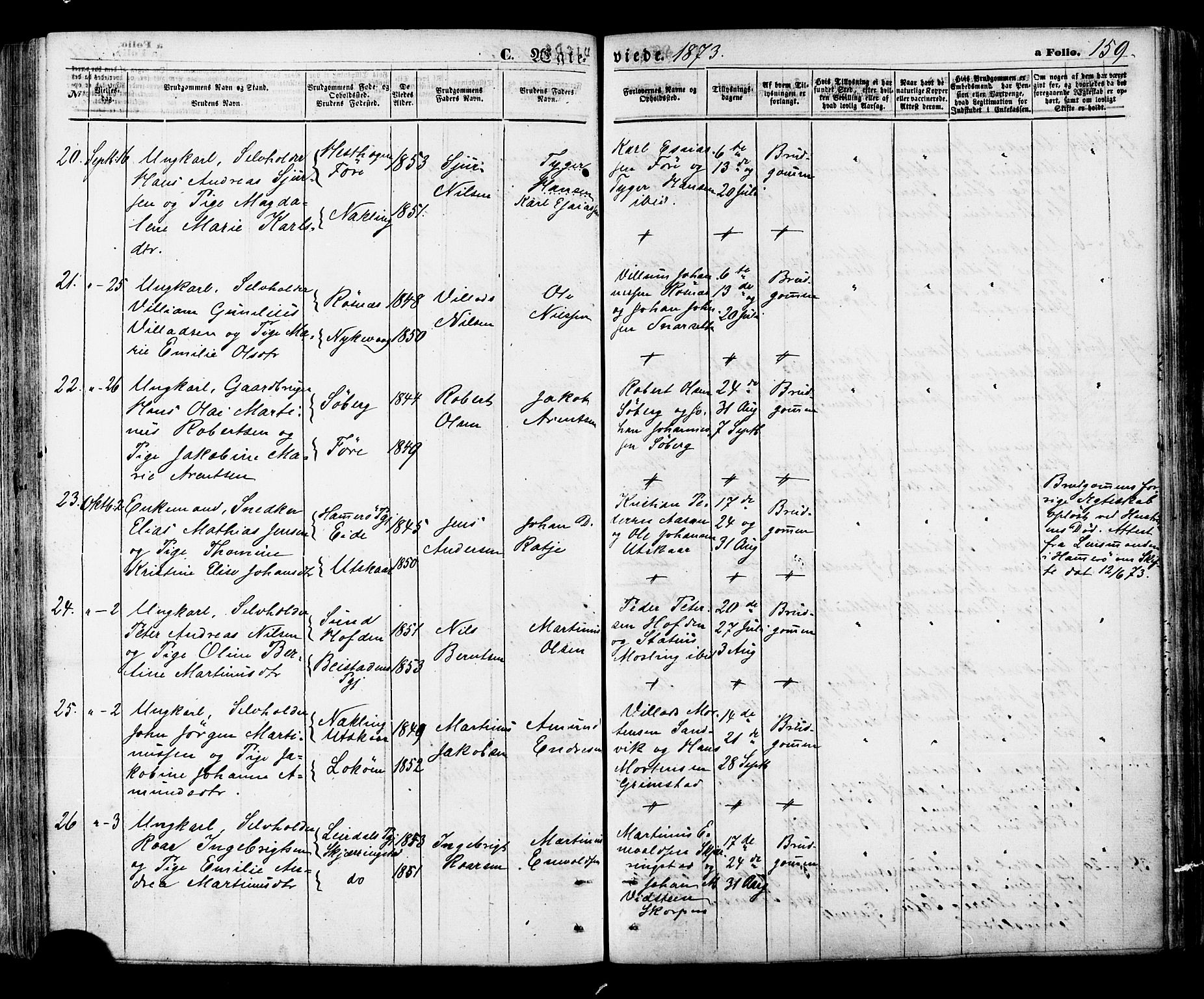 Ministerialprotokoller, klokkerbøker og fødselsregistre - Nordland, AV/SAT-A-1459/891/L1301: Parish register (official) no. 891A06, 1870-1878, p. 159