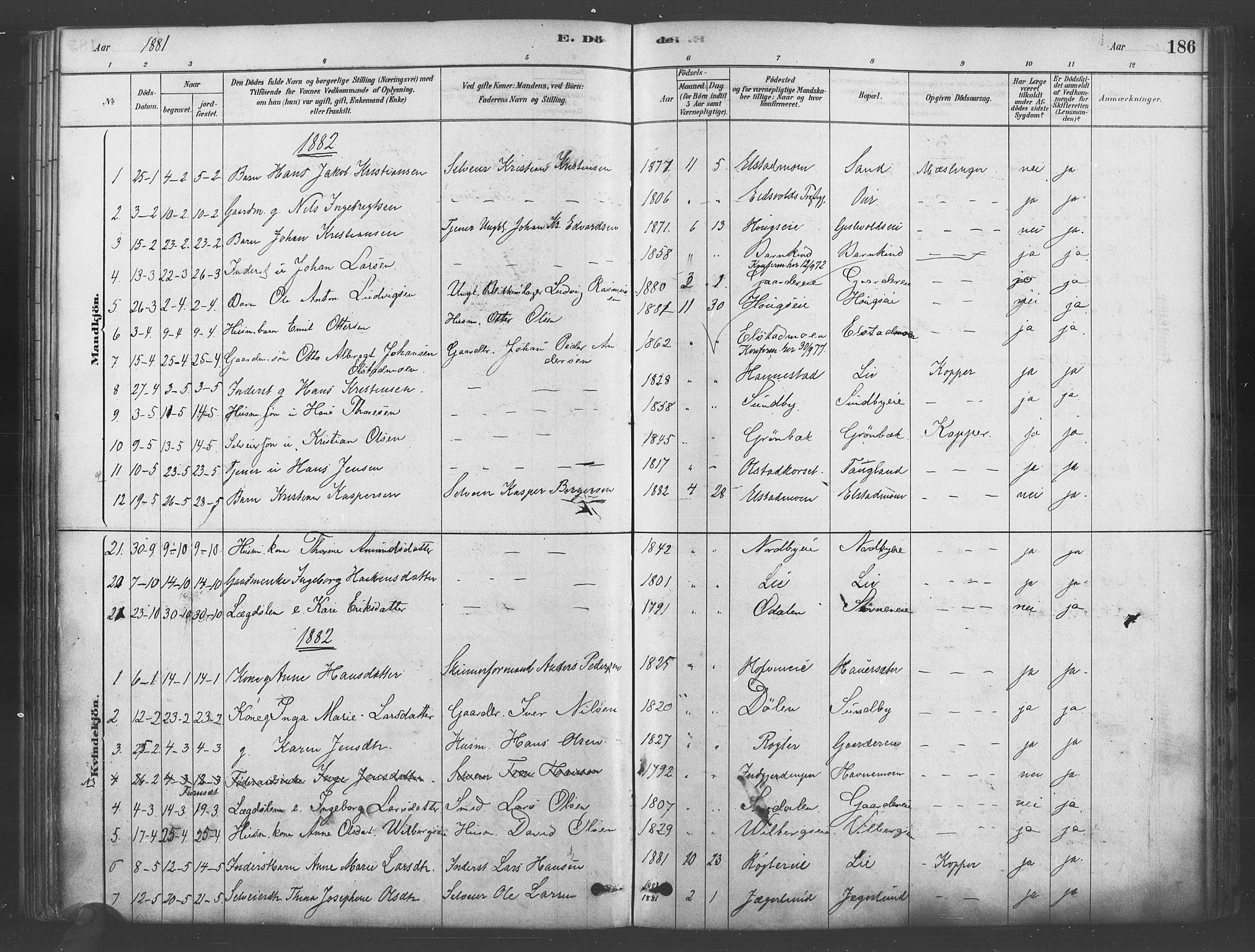 Ullensaker prestekontor Kirkebøker, SAO/A-10236a/F/Fb/L0001: Parish register (official) no. II 1, 1878-1893, p. 186