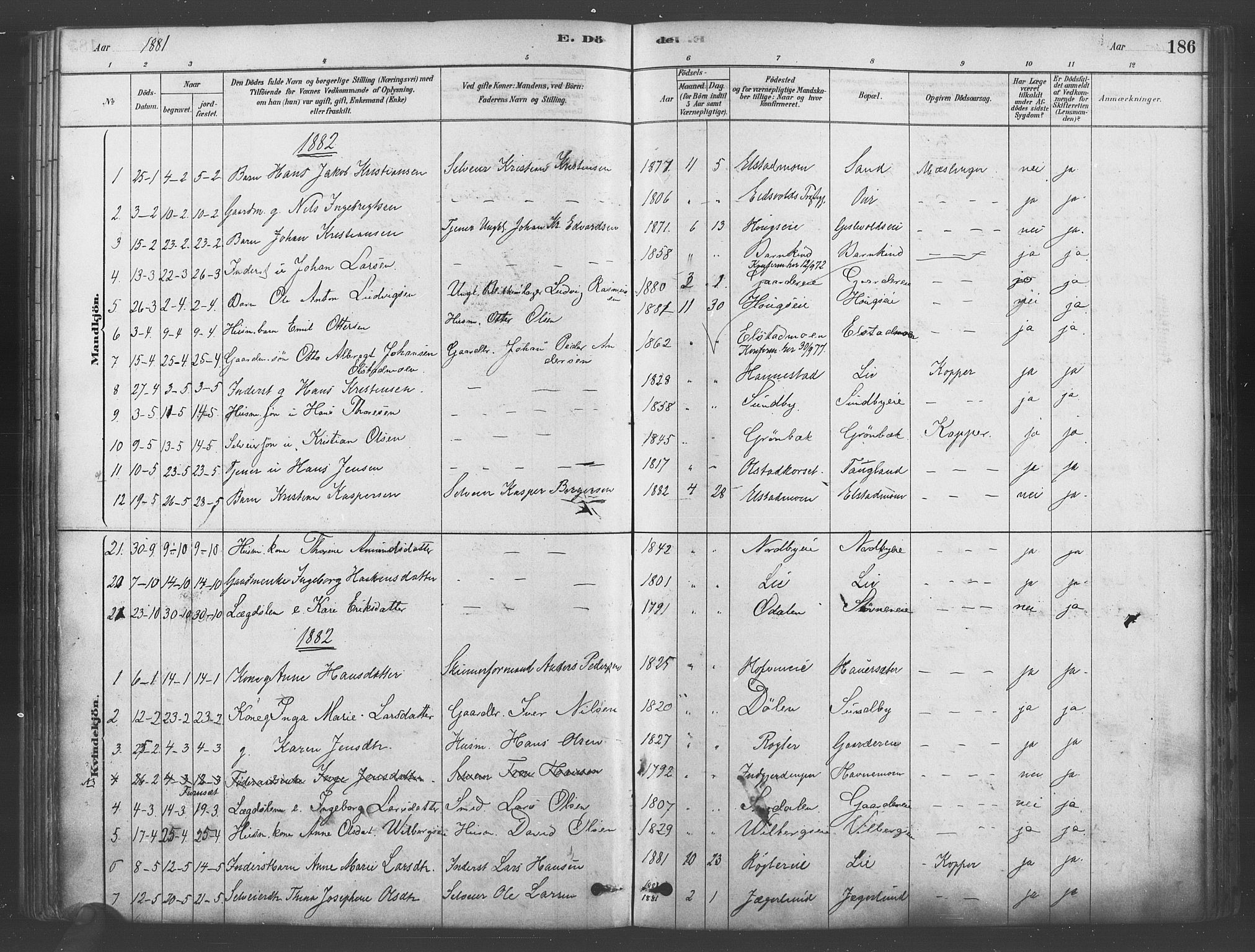 Ullensaker prestekontor Kirkebøker, AV/SAO-A-10236a/F/Fb/L0001: Parish register (official) no. II 1, 1878-1893, p. 186