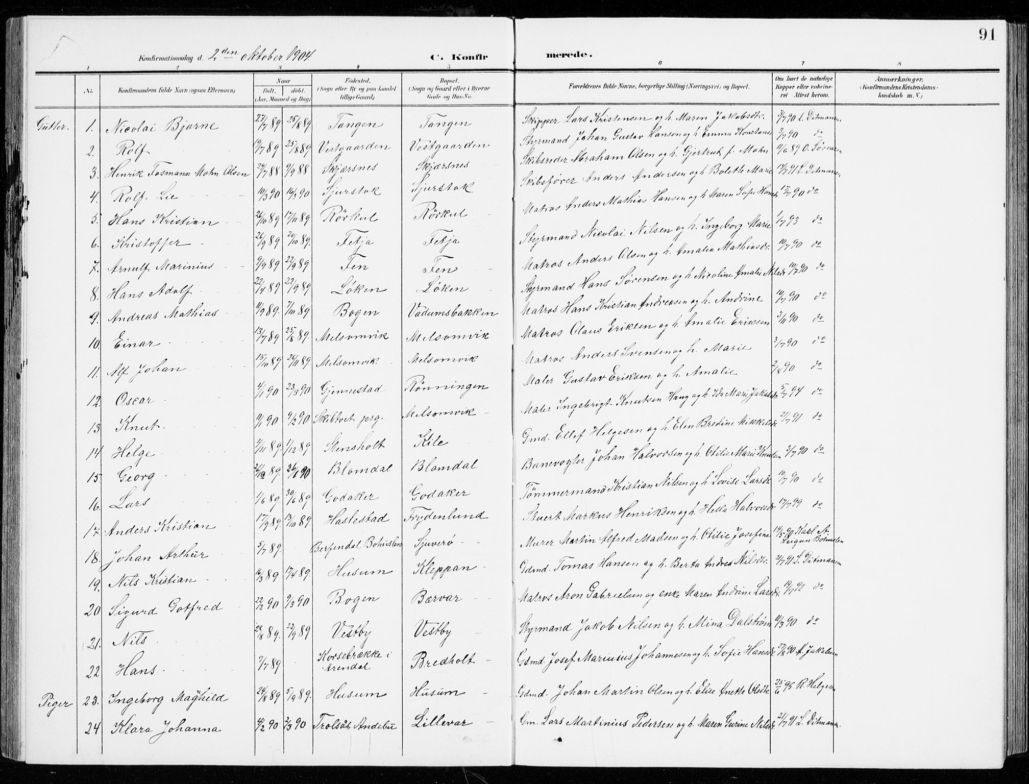 Stokke kirkebøker, AV/SAKO-A-320/G/Ga/L0001: Parish register (copy) no. I 1, 1904-1940, p. 91
