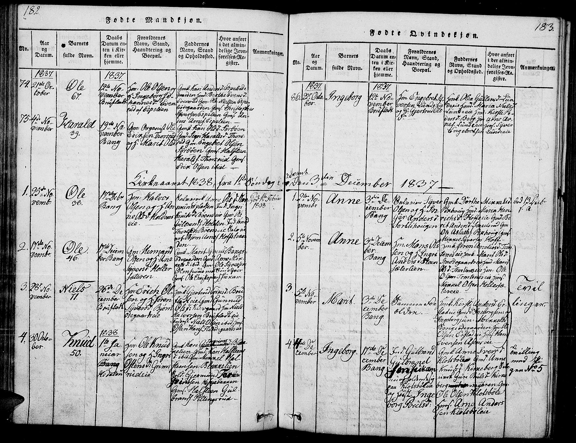 Sør-Aurdal prestekontor, SAH/PREST-128/H/Ha/Hab/L0002: Parish register (copy) no. 2, 1826-1840, p. 182-183