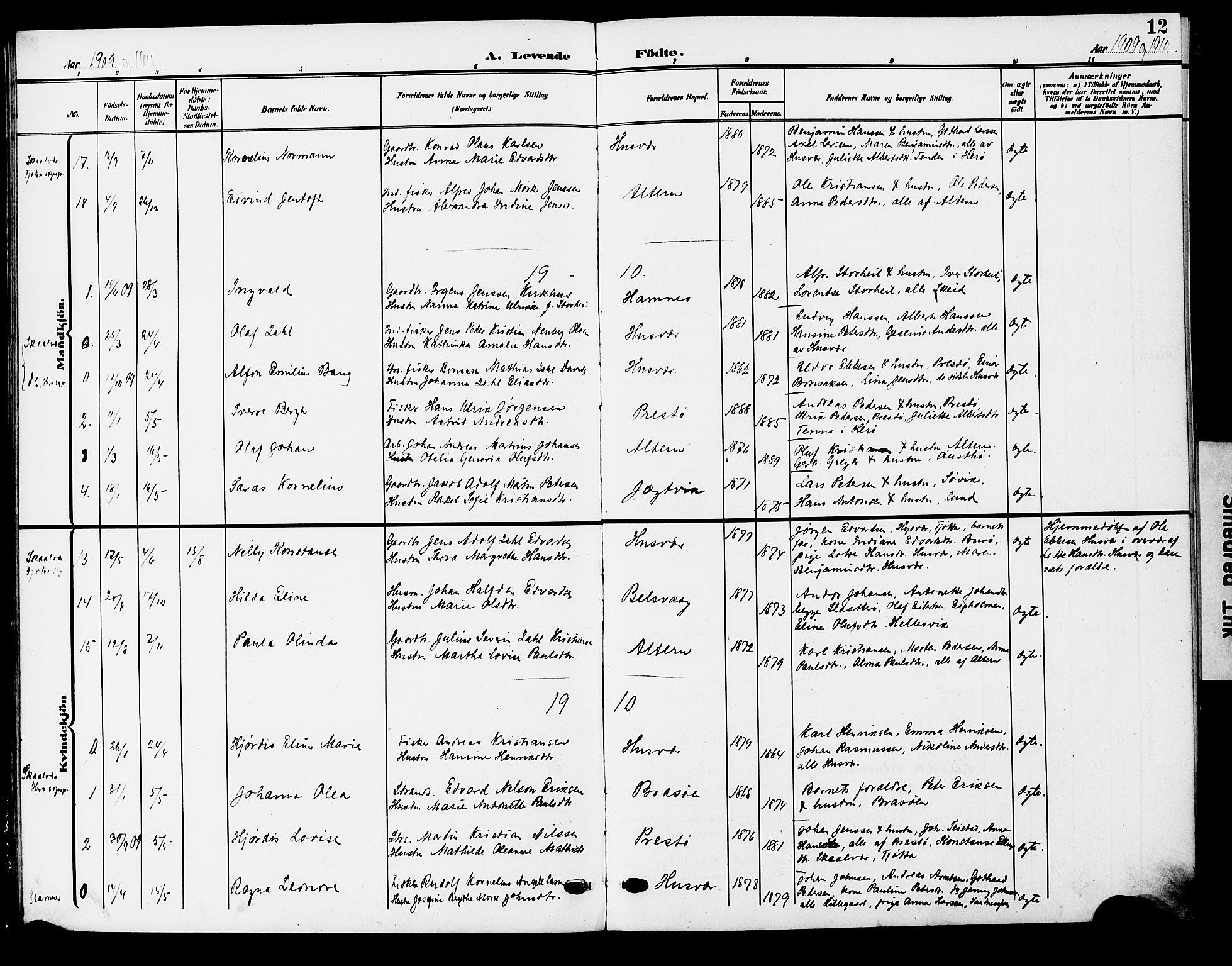 Ministerialprotokoller, klokkerbøker og fødselsregistre - Nordland, AV/SAT-A-1459/830/L0464: Parish register (copy) no. 830C06, 1906-1925, p. 12