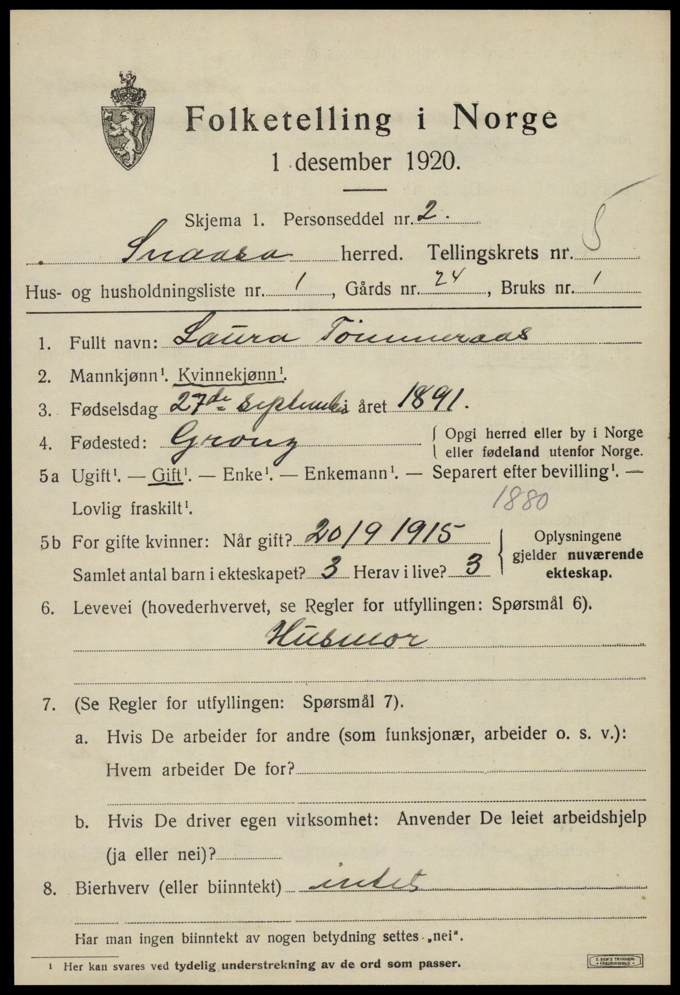 SAT, 1920 census for Snåsa, 1920, p. 2574