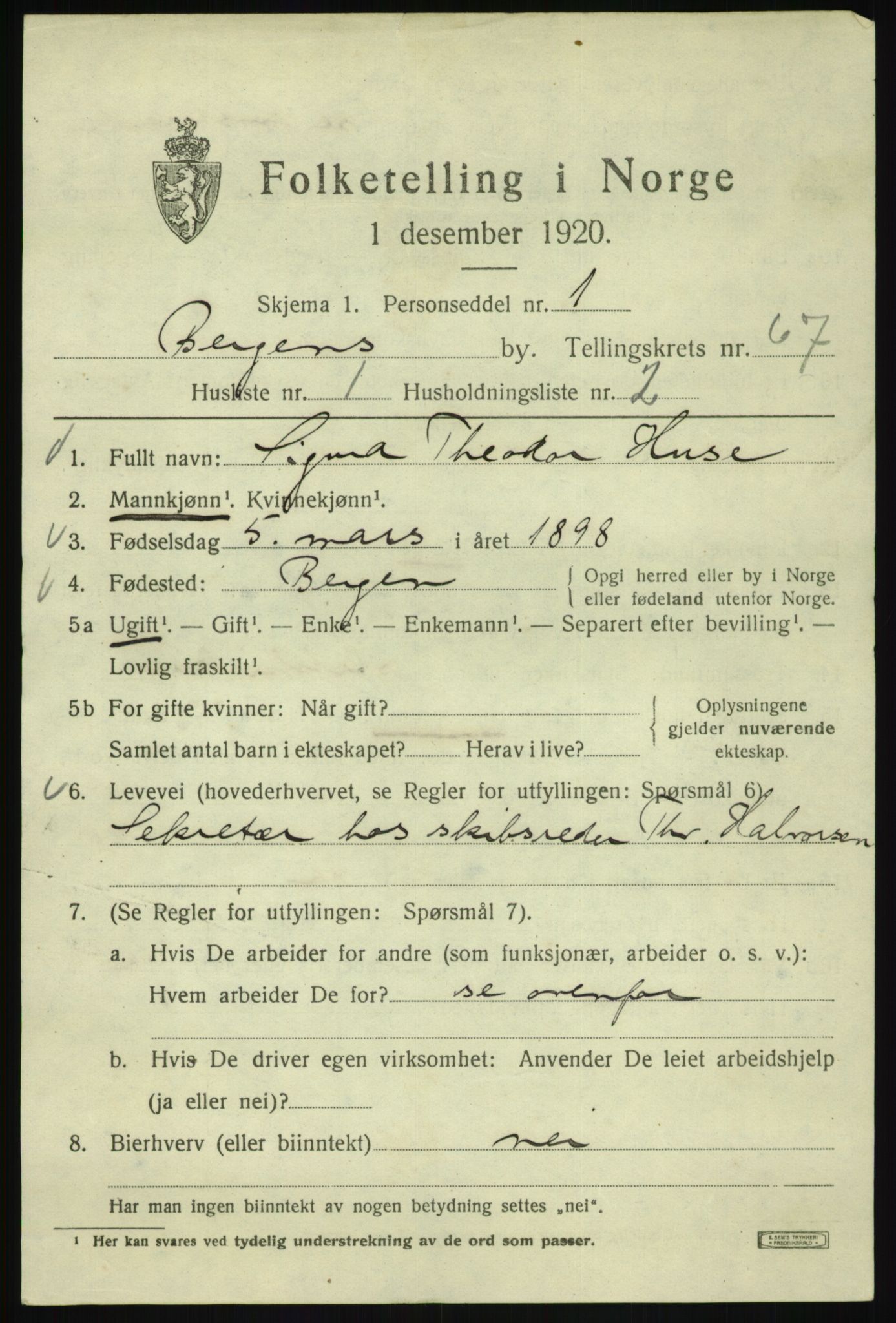 SAB, 1920 census for Bergen, 1920, p. 135165