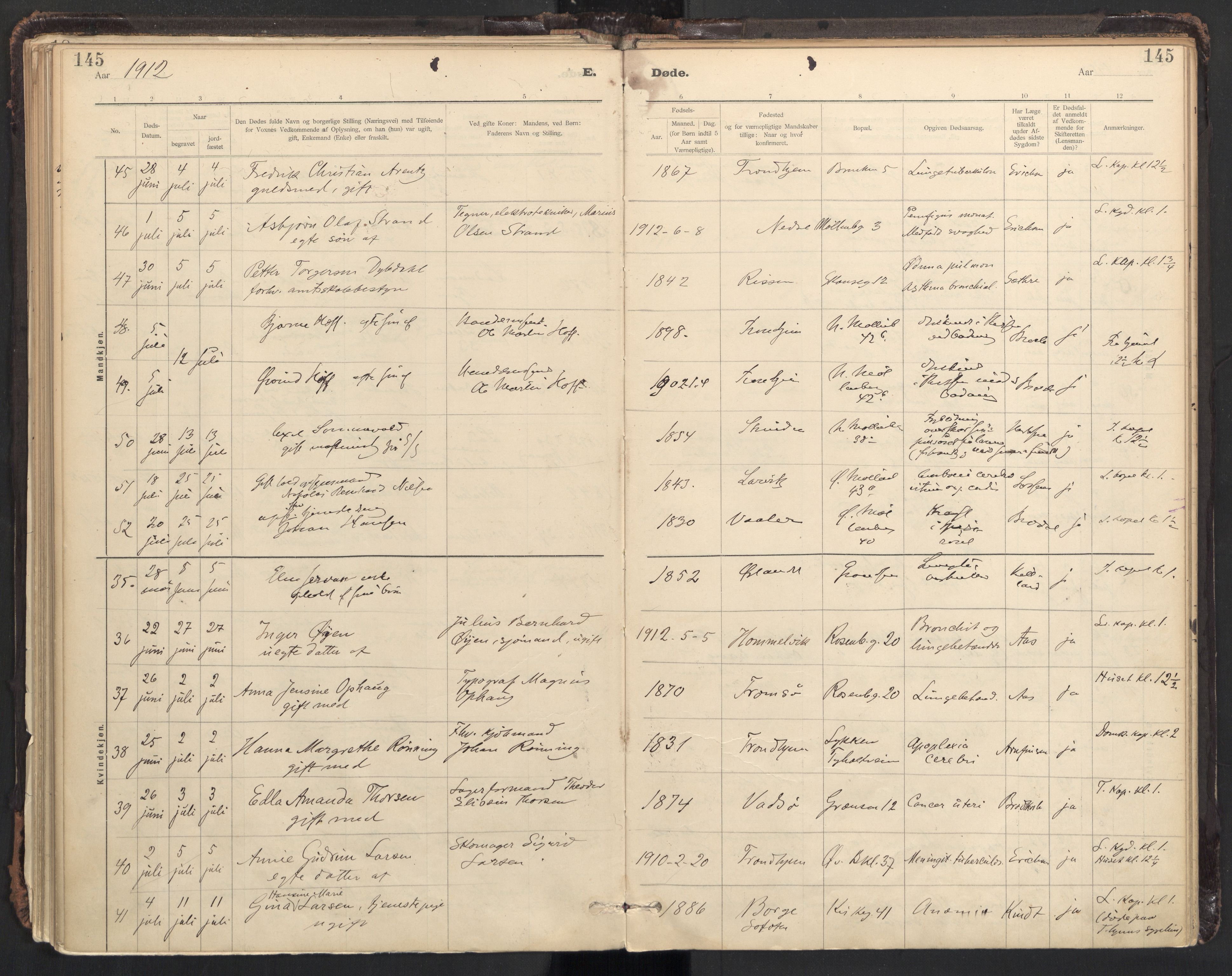 Ministerialprotokoller, klokkerbøker og fødselsregistre - Sør-Trøndelag, AV/SAT-A-1456/604/L0204: Parish register (official) no. 604A24, 1911-1920, p. 145