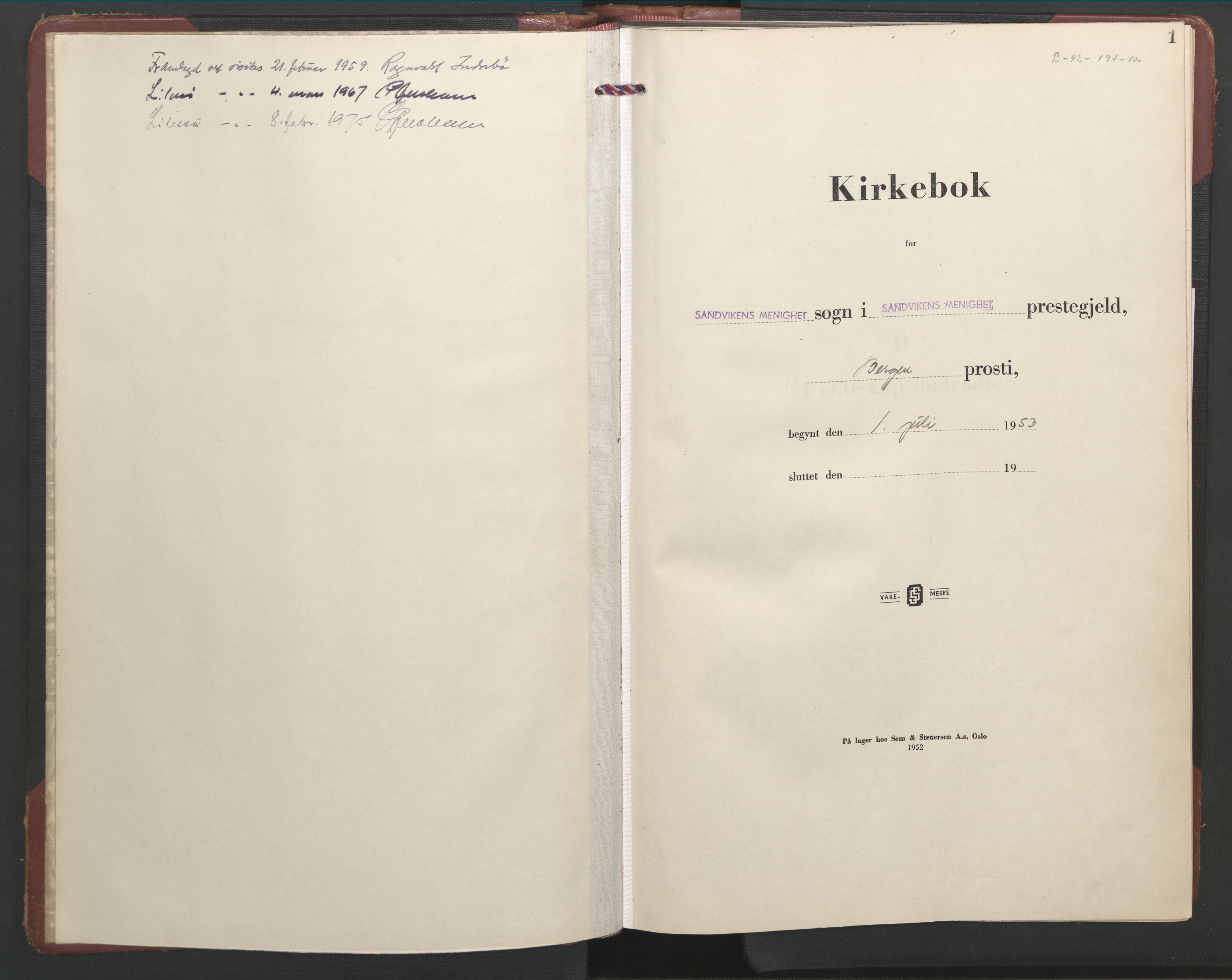 Sandviken Sokneprestembete, AV/SAB-A-77601/H/Hb/L0016: Parish register (copy) no. D 3, 1953-1974, p. 0b-1a