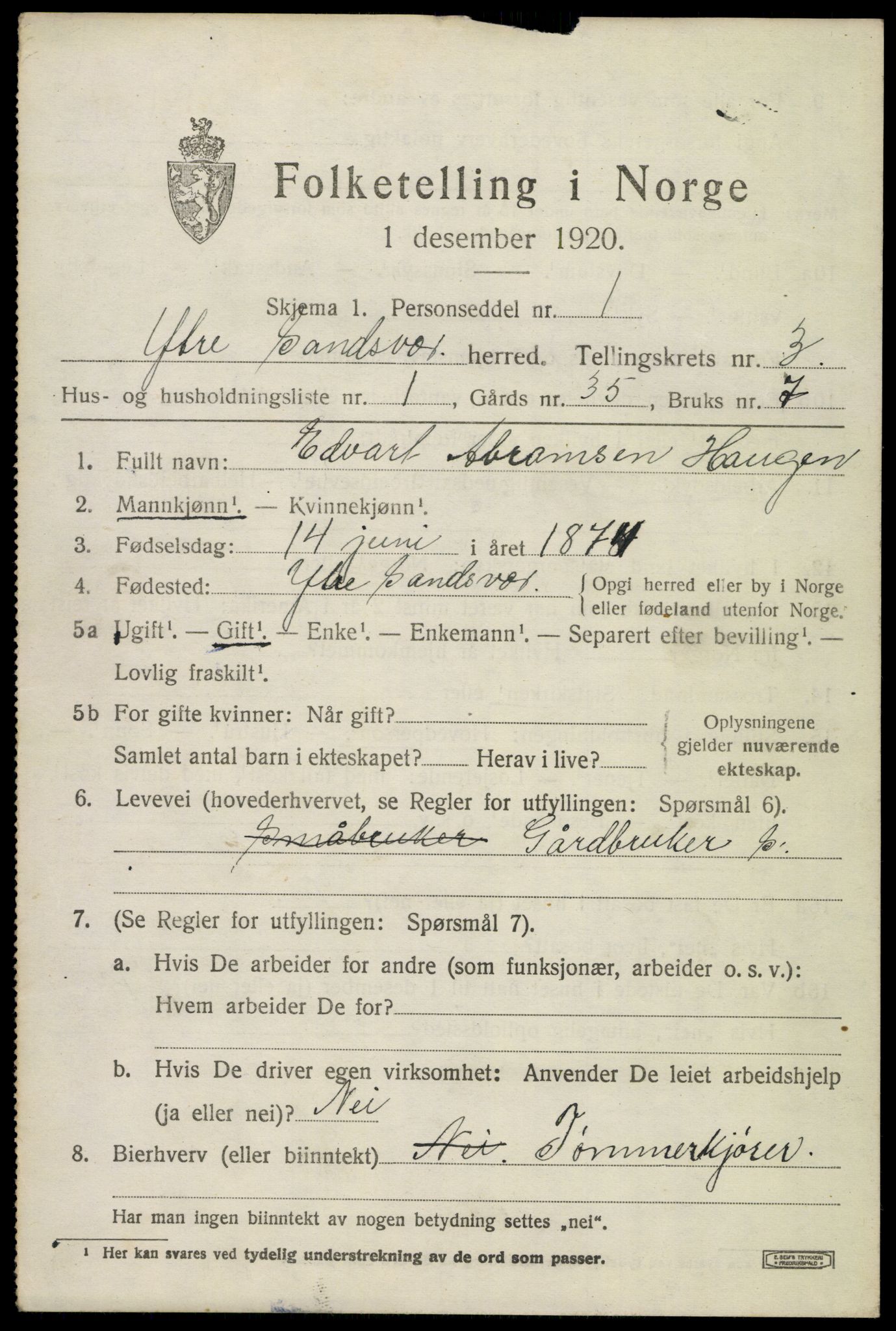 SAKO, 1920 census for Ytre Sandsvær, 1920, p. 3692