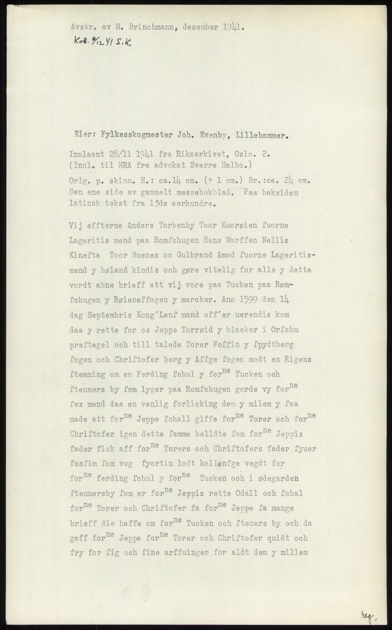 Samlinger til kildeutgivelse, Diplomavskriftsamlingen, RA/EA-4053/H/Ha, p. 311