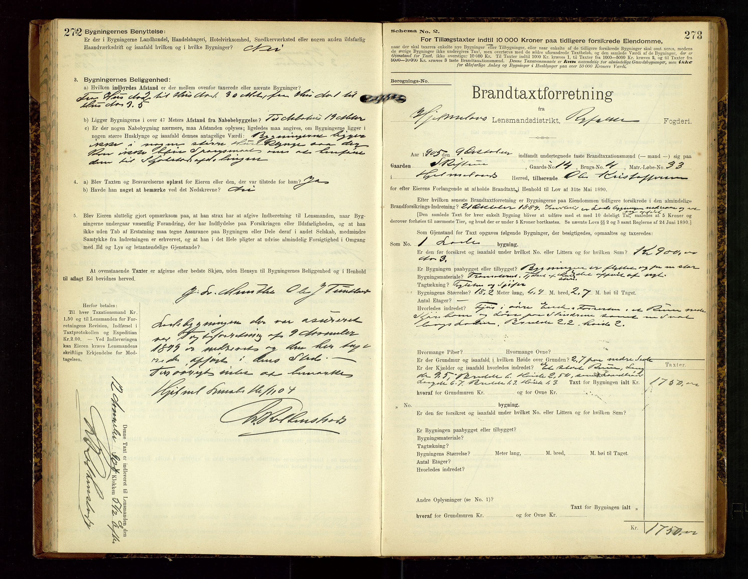 Hjelmeland lensmannskontor, AV/SAST-A-100439/Gob/L0002: "Brandtaxationsprotokol", 1904-1920, p. 272-273