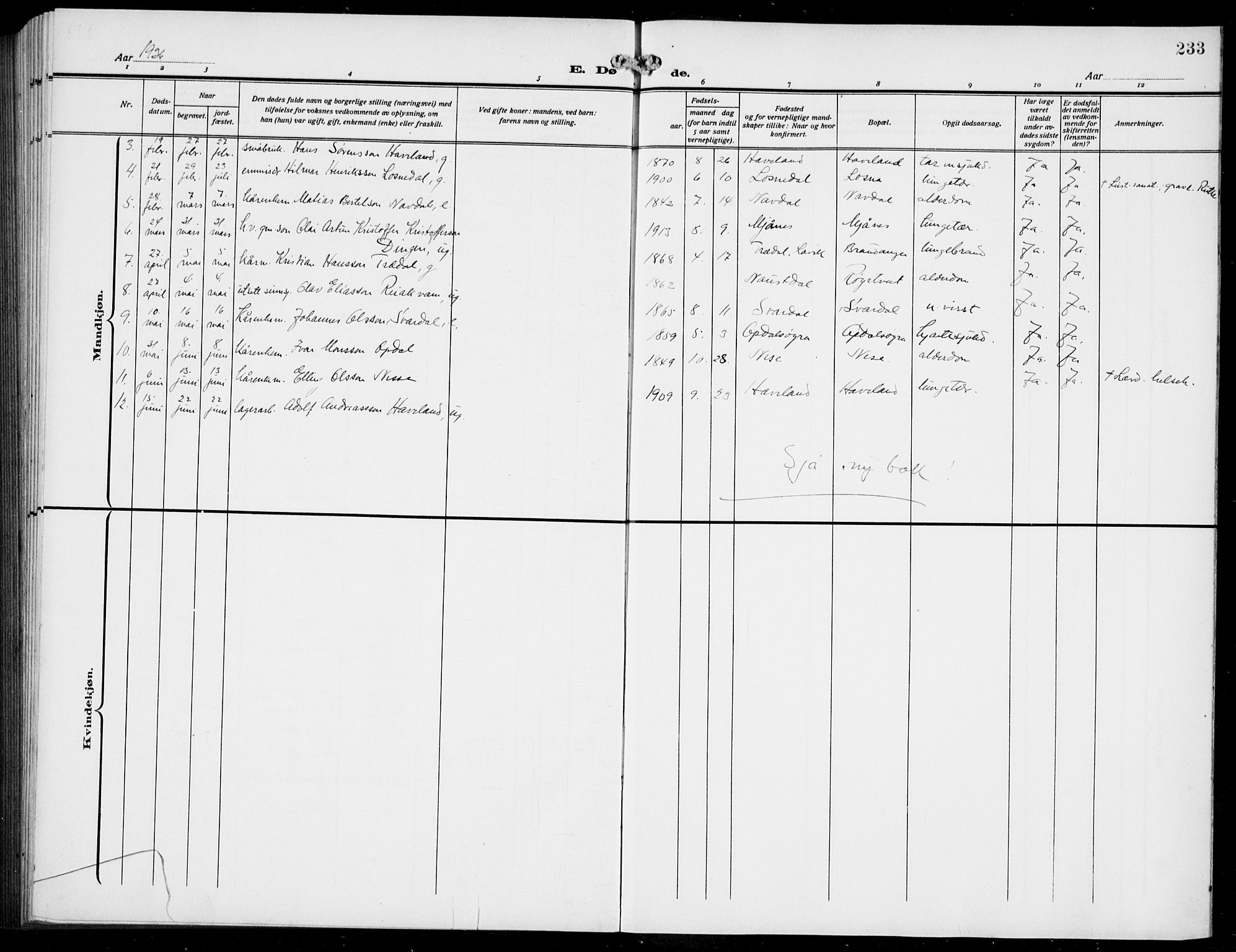 Gulen sokneprestembete, AV/SAB-A-80201/H/Hab/Habb/L0004: Parish register (copy) no. B 4, 1908-1936, p. 233