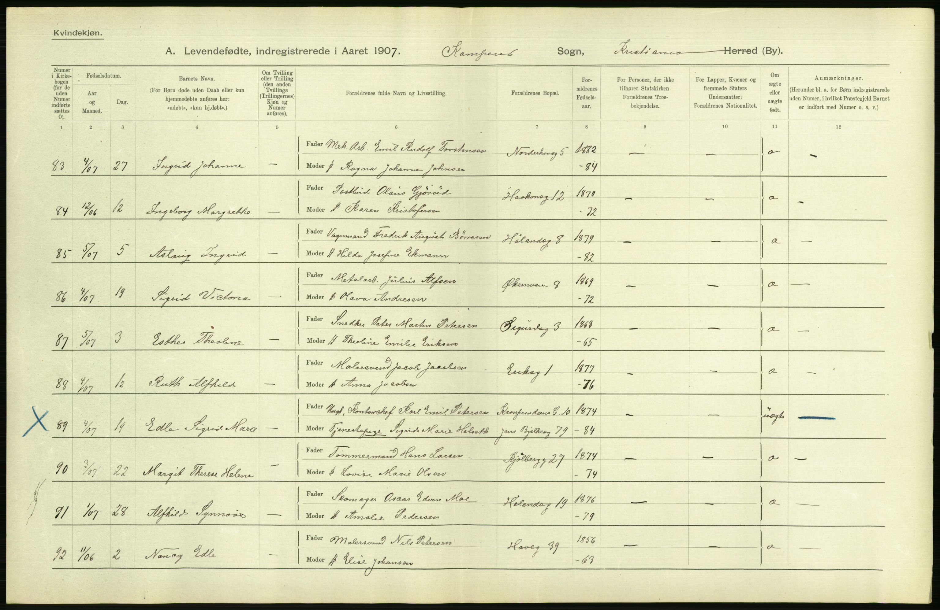 Statistisk sentralbyrå, Sosiodemografiske emner, Befolkning, AV/RA-S-2228/D/Df/Dfa/Dfae/L0007: Kristiania: Levendefødte menn og kvinner., 1907, p. 520