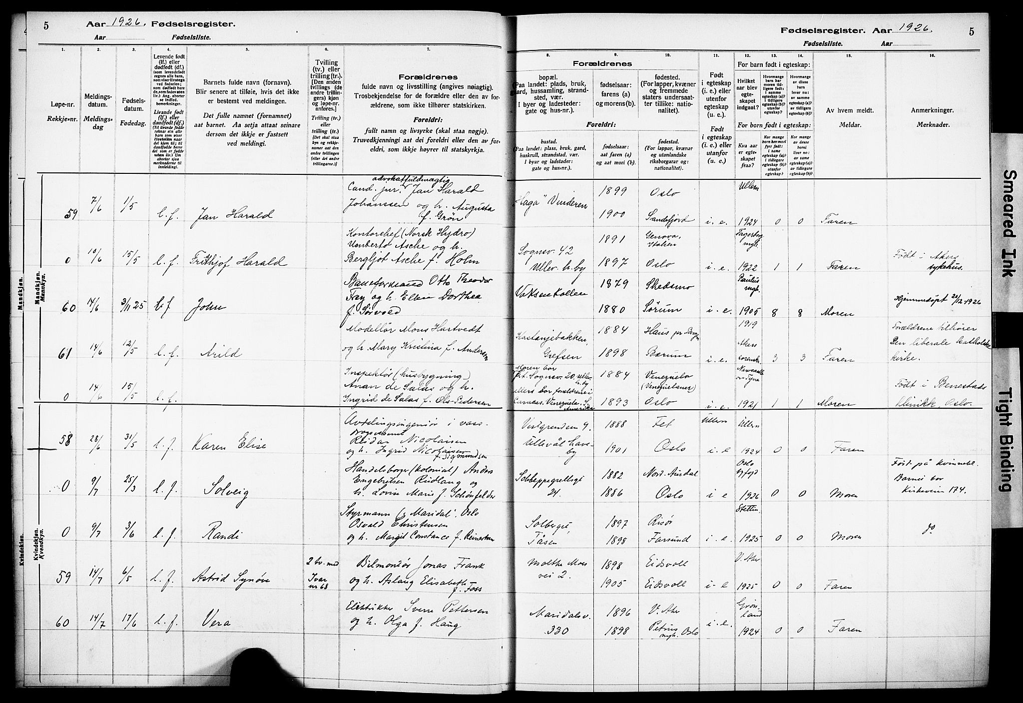 Vestre Aker prestekontor Kirkebøker, AV/SAO-A-10025/J/Ja/L0003: Birth register no. 3, 1926-1930, p. 5