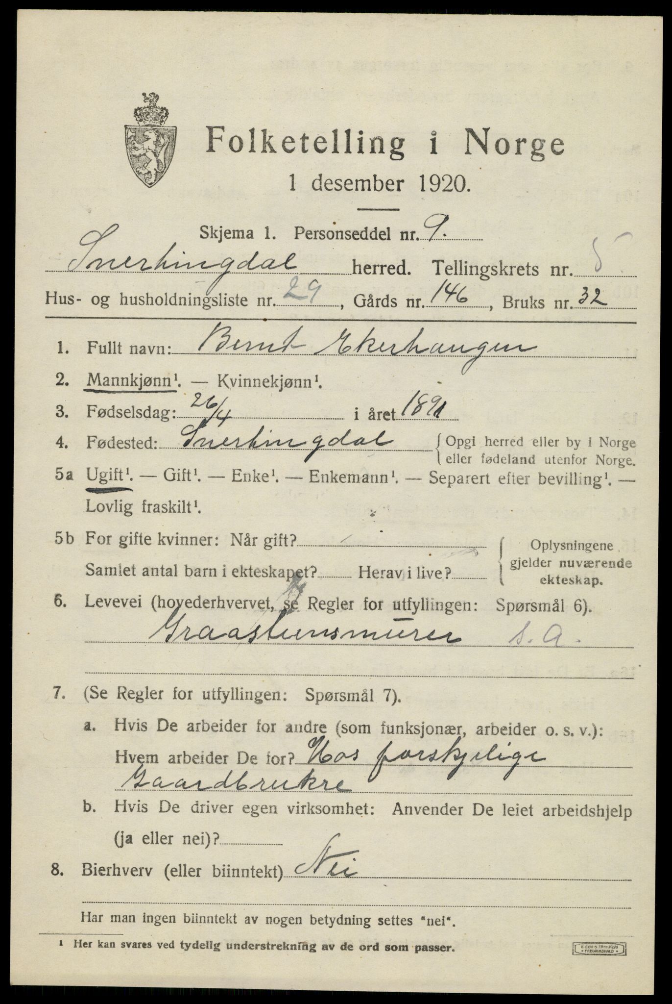 SAH, 1920 census for Snertingdal, 1920, p. 4639