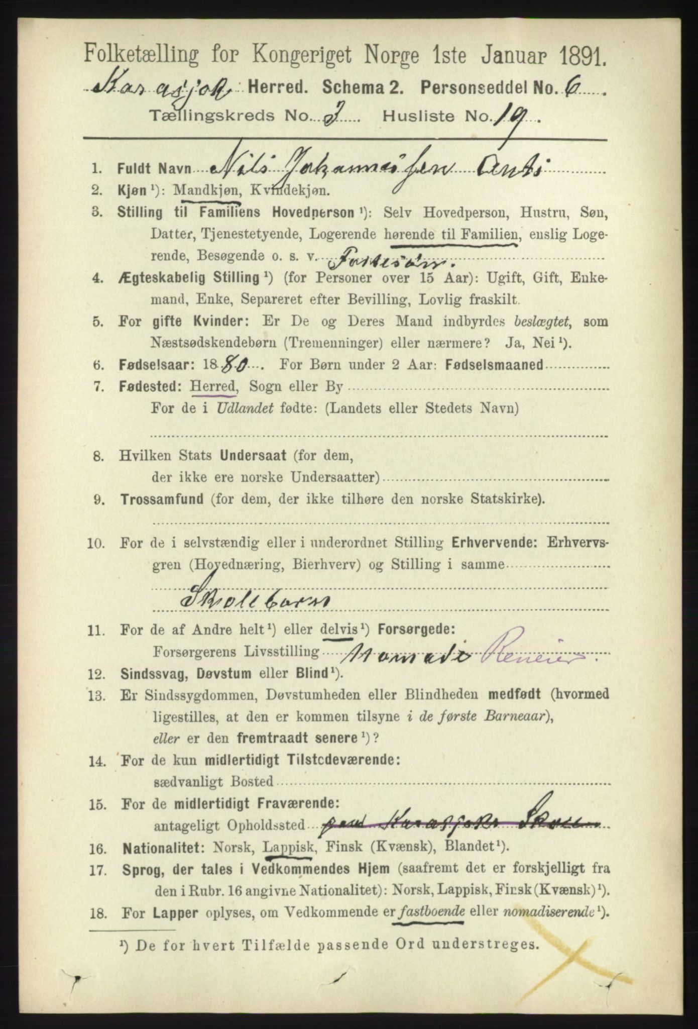 RA, 1891 census for 2021 Karasjok, 1891, p. 667