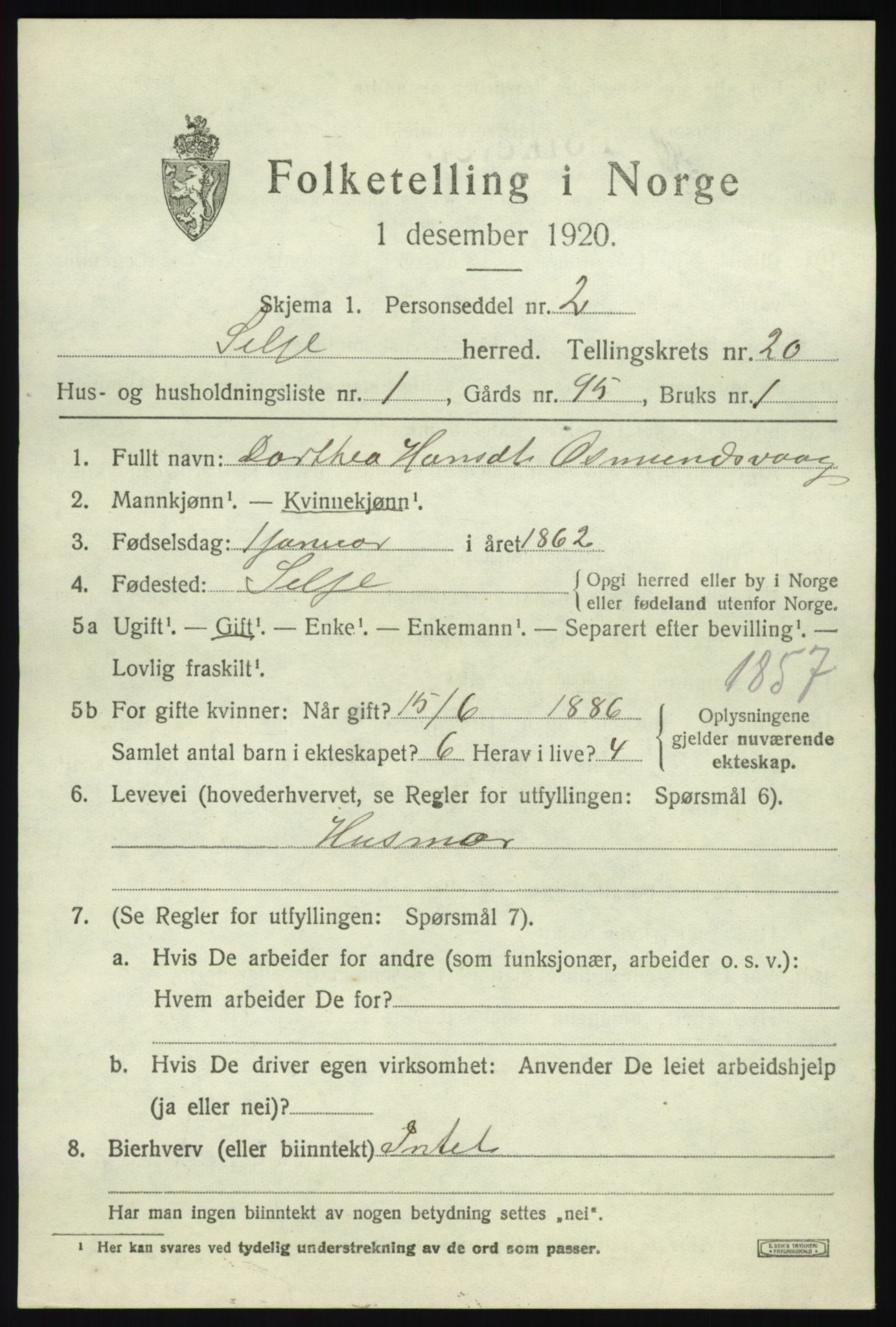 SAB, 1920 census for Selje, 1920, p. 8487
