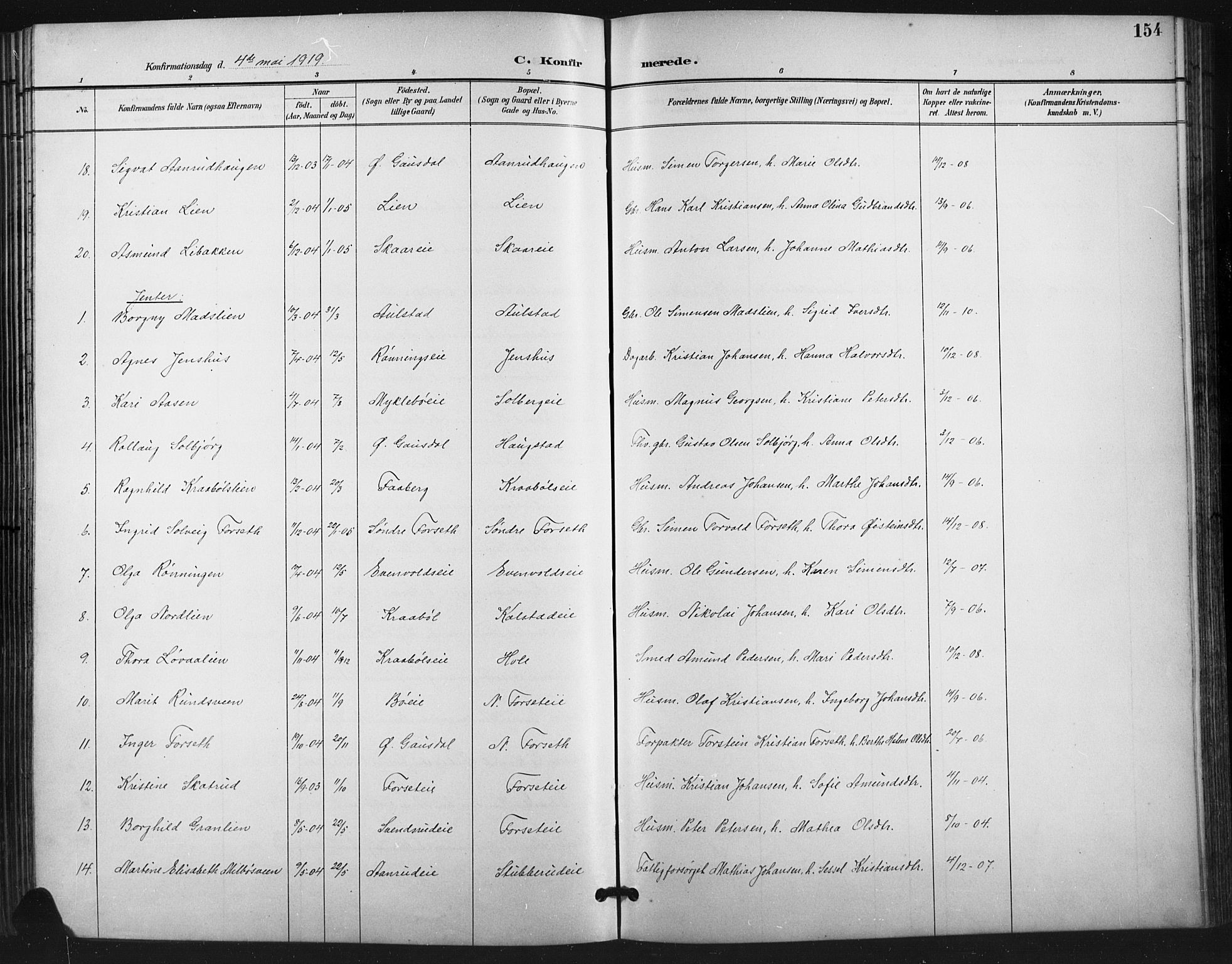 Vestre Gausdal prestekontor, AV/SAH-PREST-094/H/Ha/Hab/L0003: Parish register (copy) no. 3, 1896-1925, p. 154