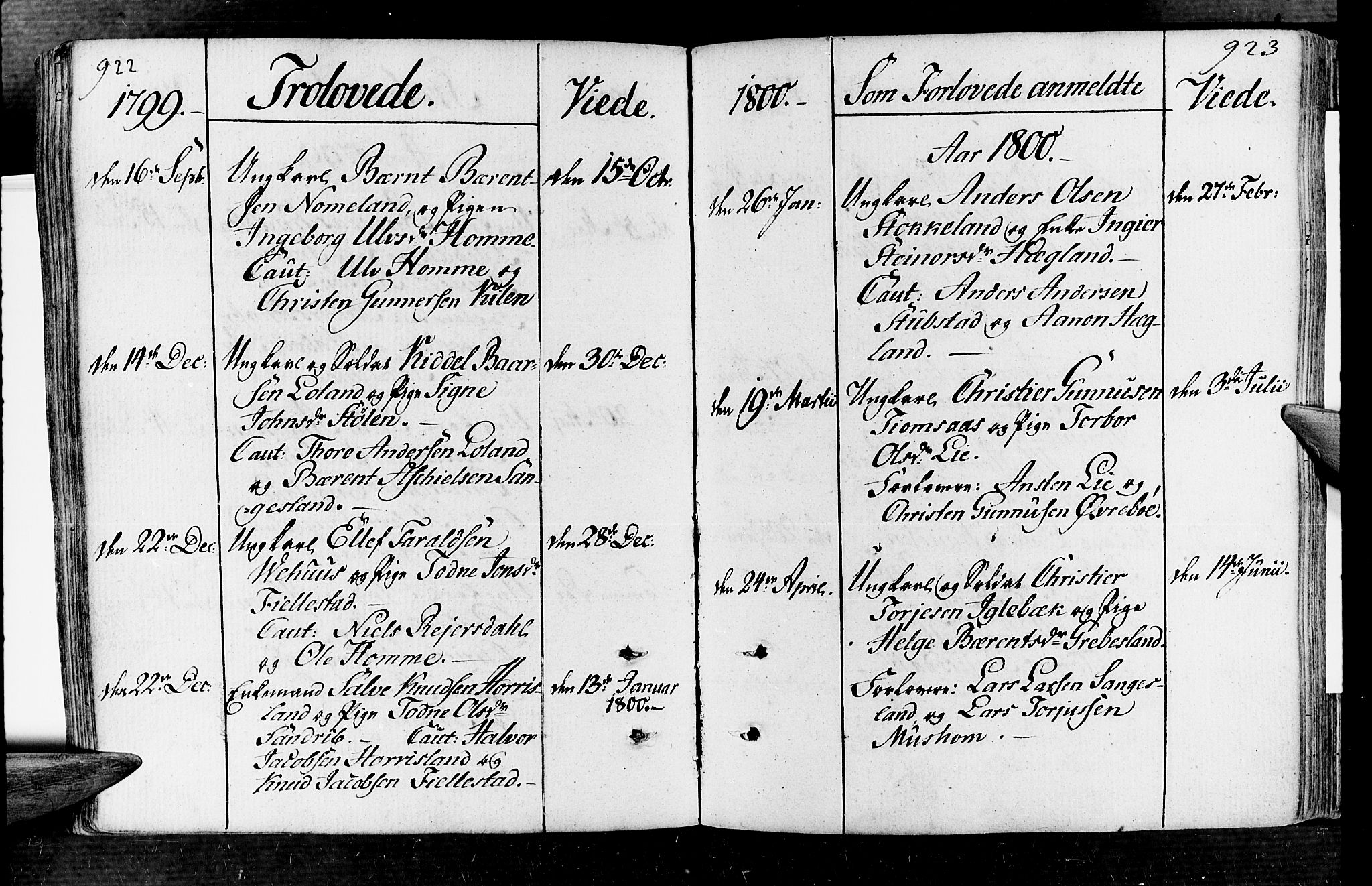 Vennesla sokneprestkontor, AV/SAK-1111-0045/Fa/Fac/L0002: Parish register (official) no. A 2, 1785-1834, p. 922-923