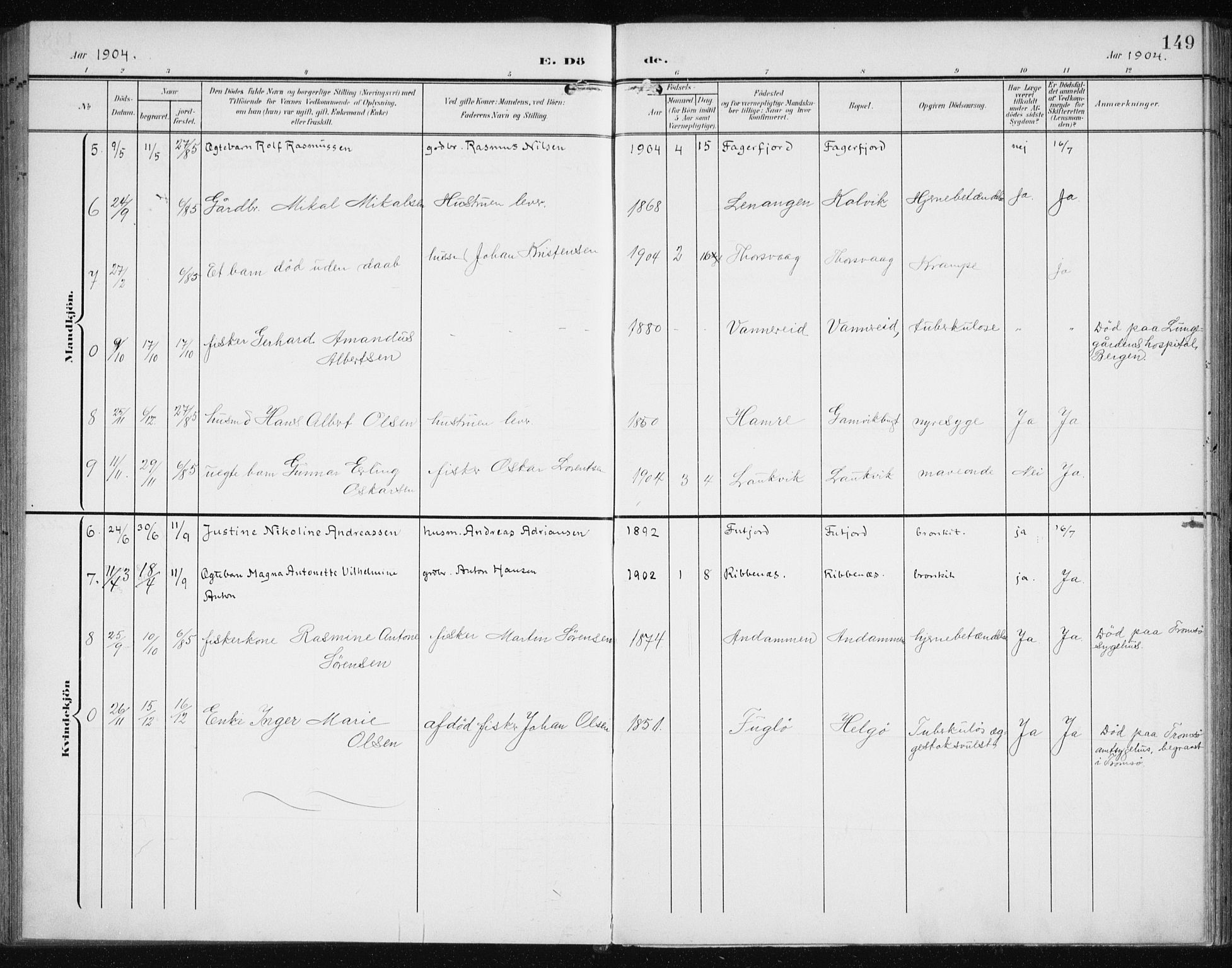 Karlsøy sokneprestembete, SATØ/S-1299/H/Ha/Haa/L0013kirke: Parish register (official) no. 13, 1902-1916, p. 149
