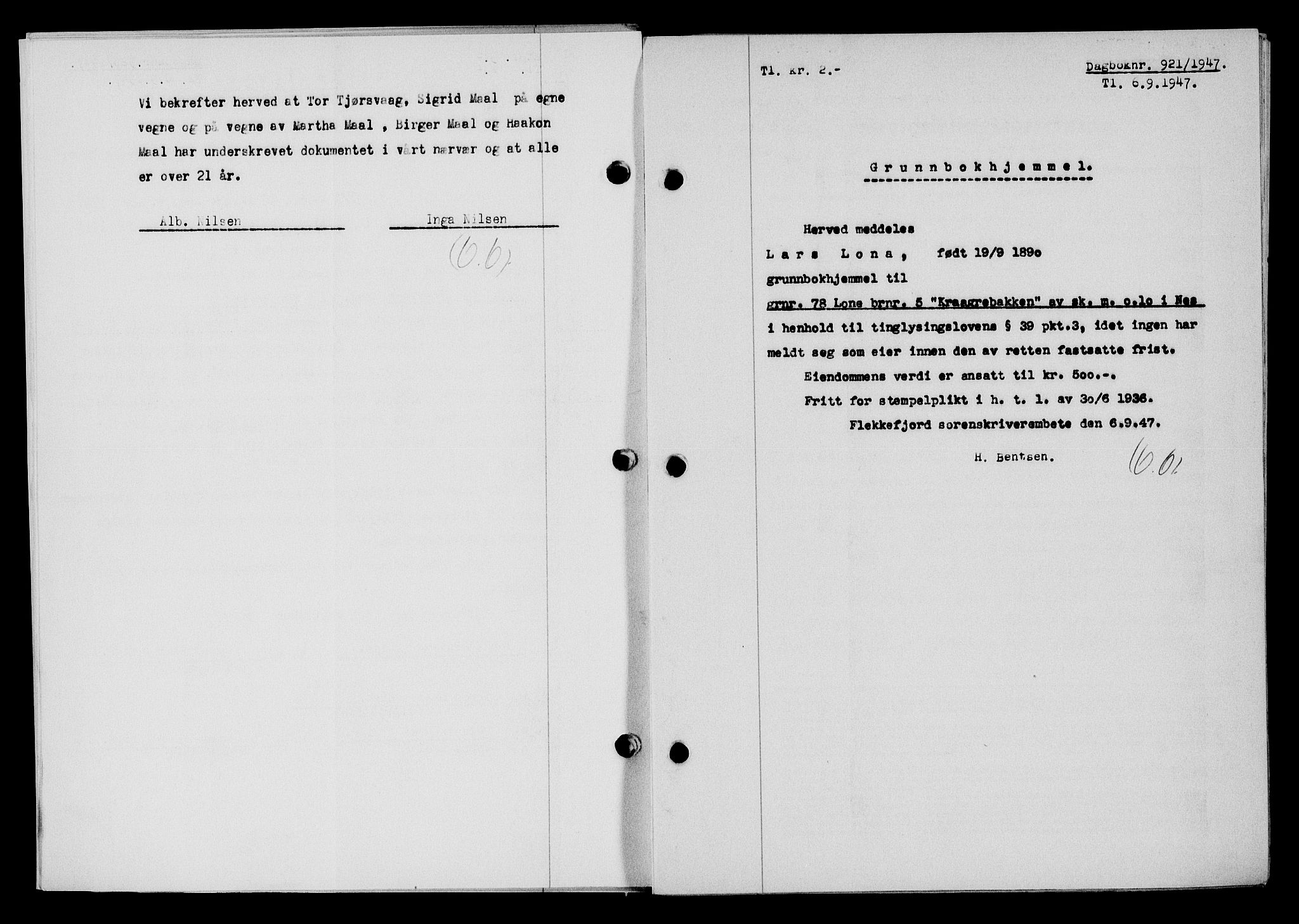 Flekkefjord sorenskriveri, SAK/1221-0001/G/Gb/Gba/L0062: Mortgage book no. A-10, 1947-1947, Diary no: : 921/1947