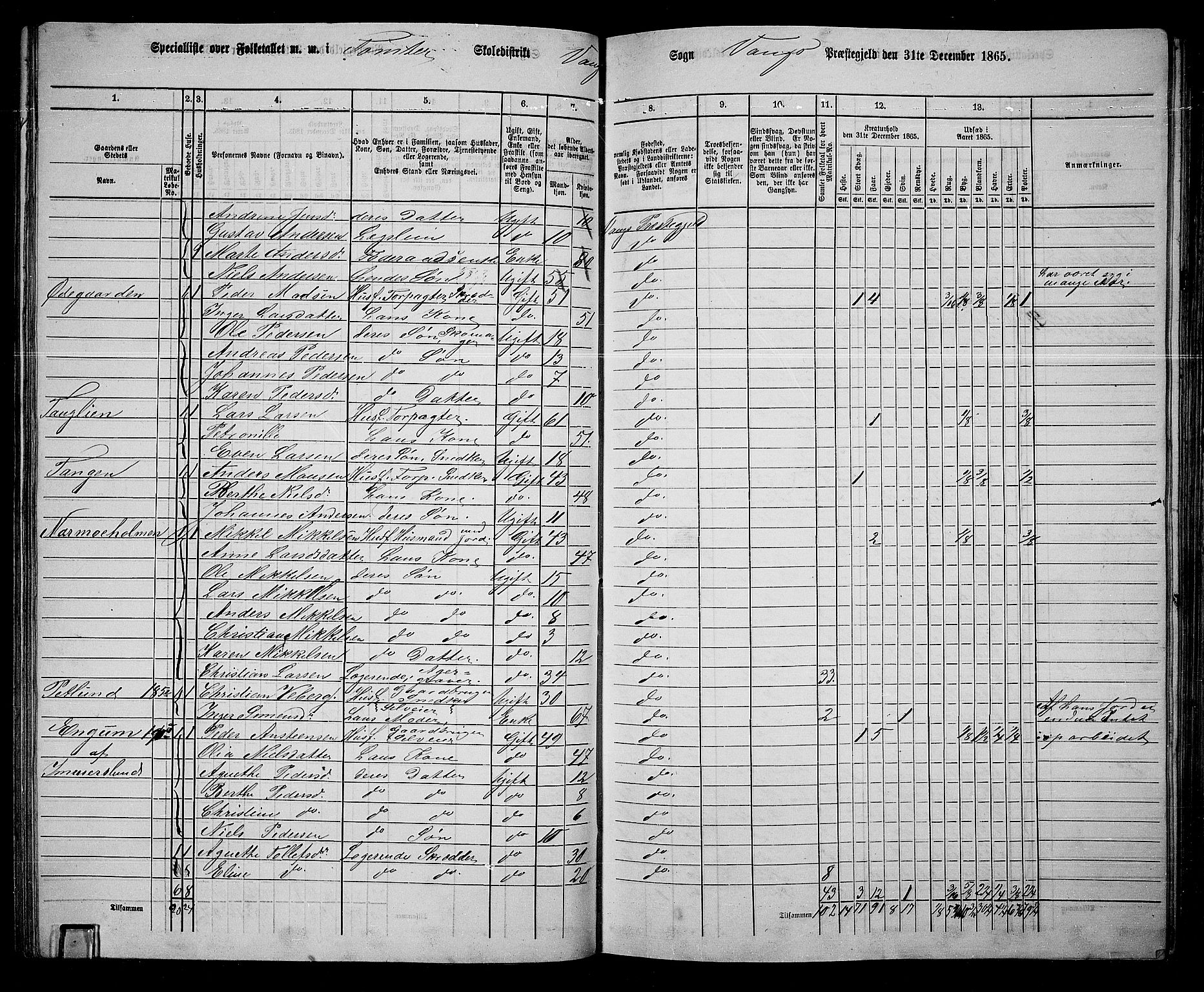 RA, 1865 census for Vang/Vang og Furnes, 1865, p. 230