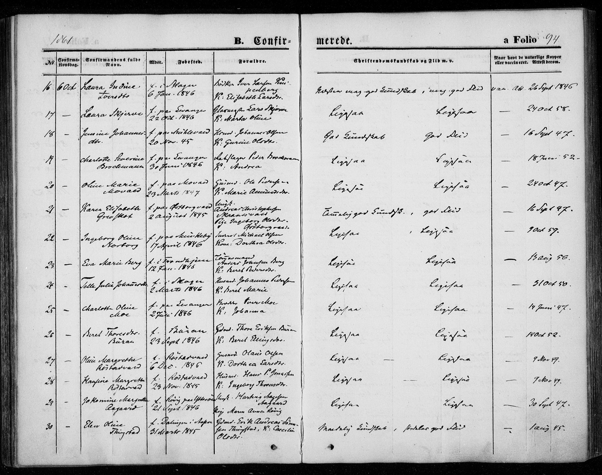 Ministerialprotokoller, klokkerbøker og fødselsregistre - Nord-Trøndelag, AV/SAT-A-1458/720/L0184: Parish register (official) no. 720A02 /1, 1855-1863, p. 94