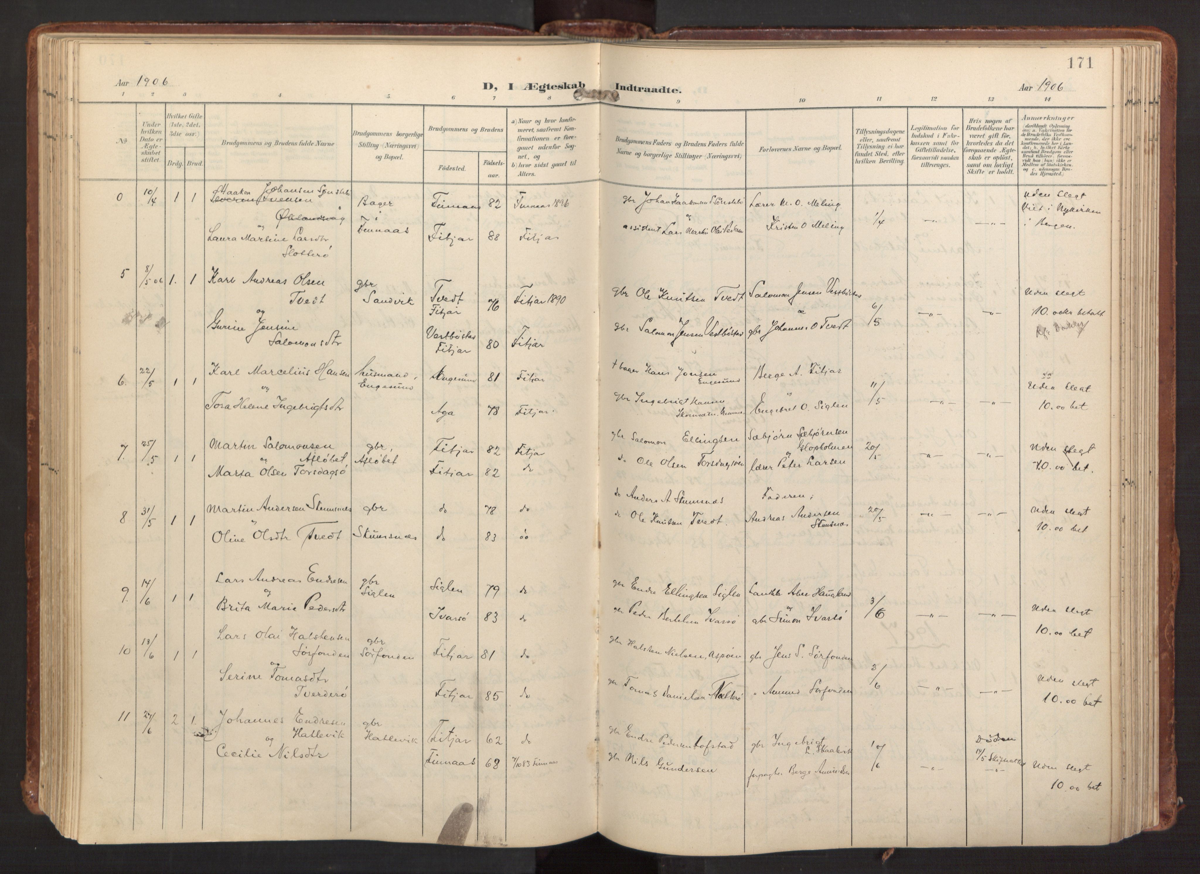 Fitjar sokneprestembete, SAB/A-99926: Parish register (official) no. A 3, 1900-1918, p. 171