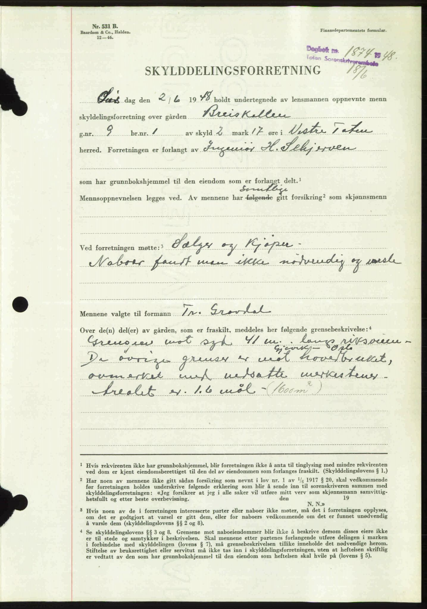 Toten tingrett, SAH/TING-006/H/Hb/Hbc/L0020: Mortgage book no. Hbc-20, 1948-1948, Diary no: : 1874/1948