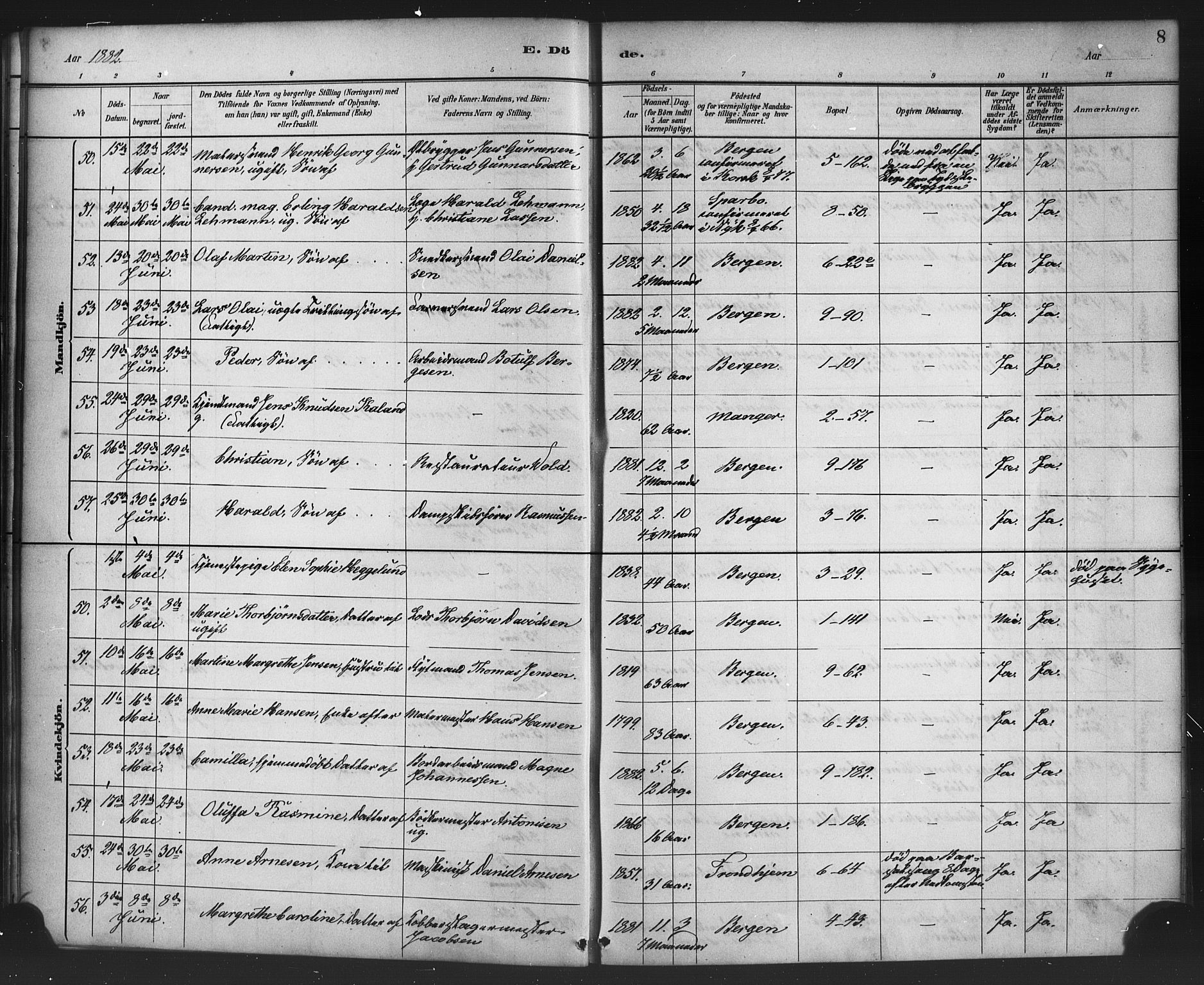 Nykirken Sokneprestembete, AV/SAB-A-77101/H/Haa/L0044: Parish register (official) no. E 4, 1882-1898, p. 8