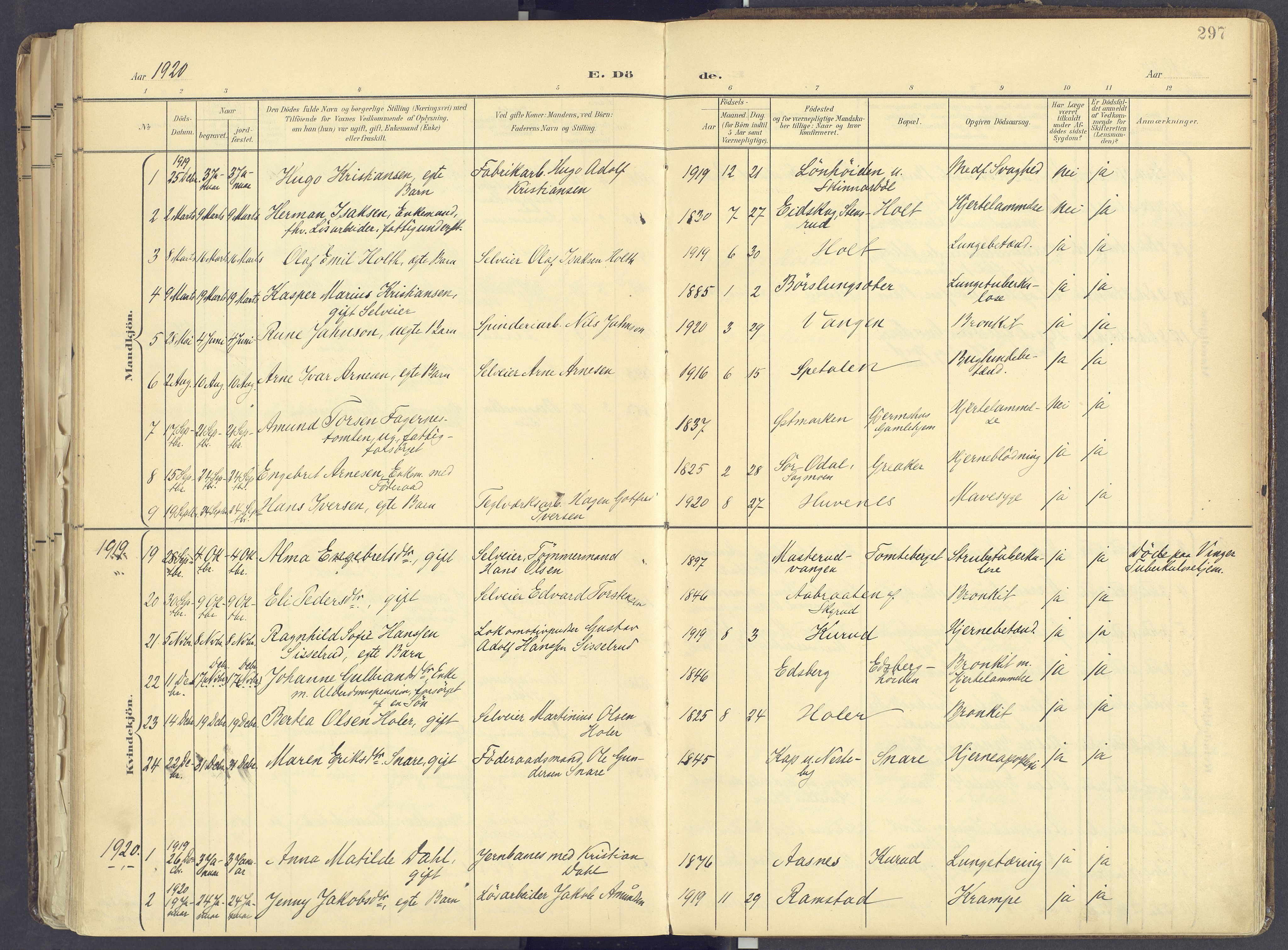 Vinger prestekontor, AV/SAH-PREST-024/H/Ha/Haa/L0017: Parish register (official) no. 17, 1901-1927, p. 297