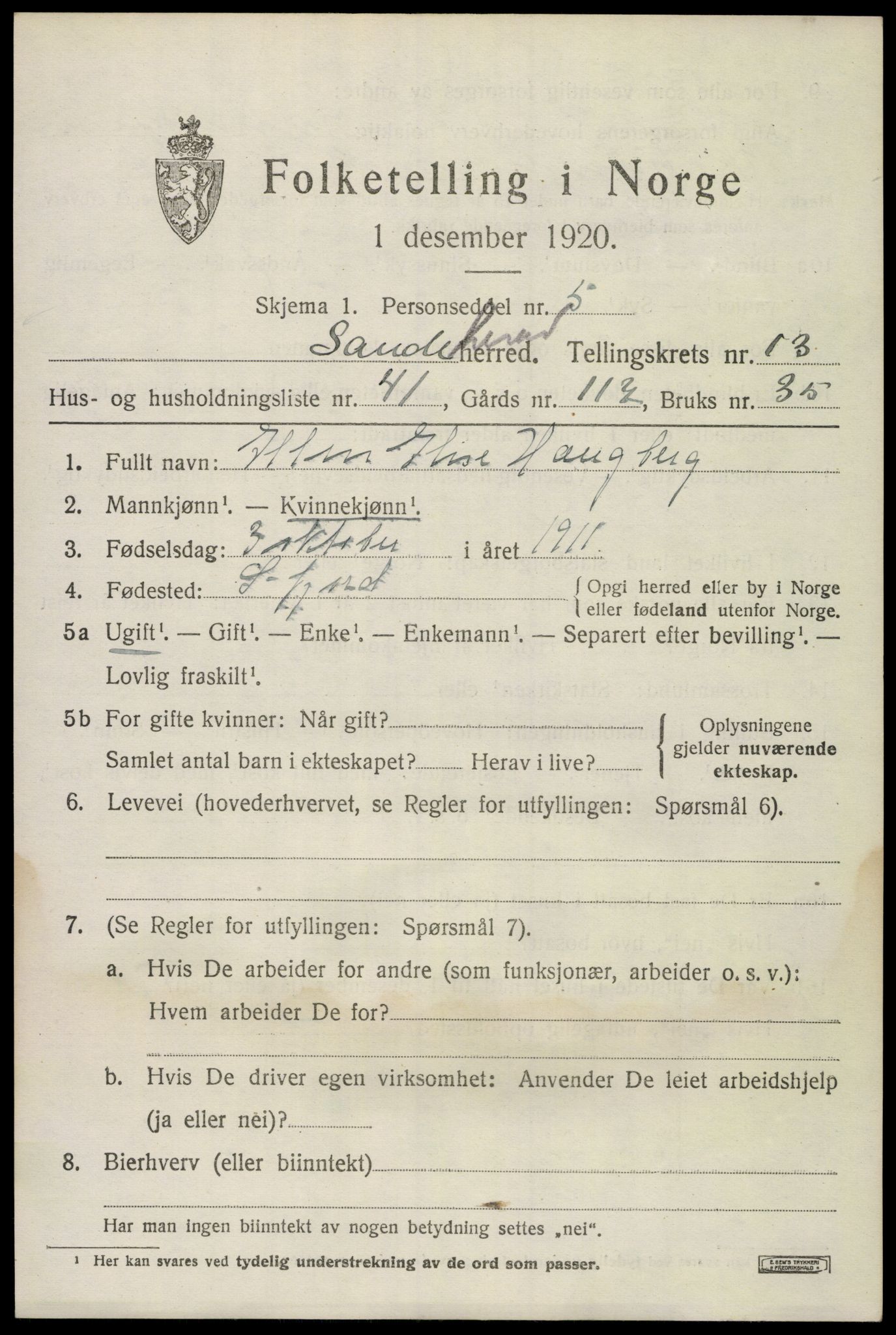 SAKO, 1920 census for Sandeherred, 1920, p. 19786