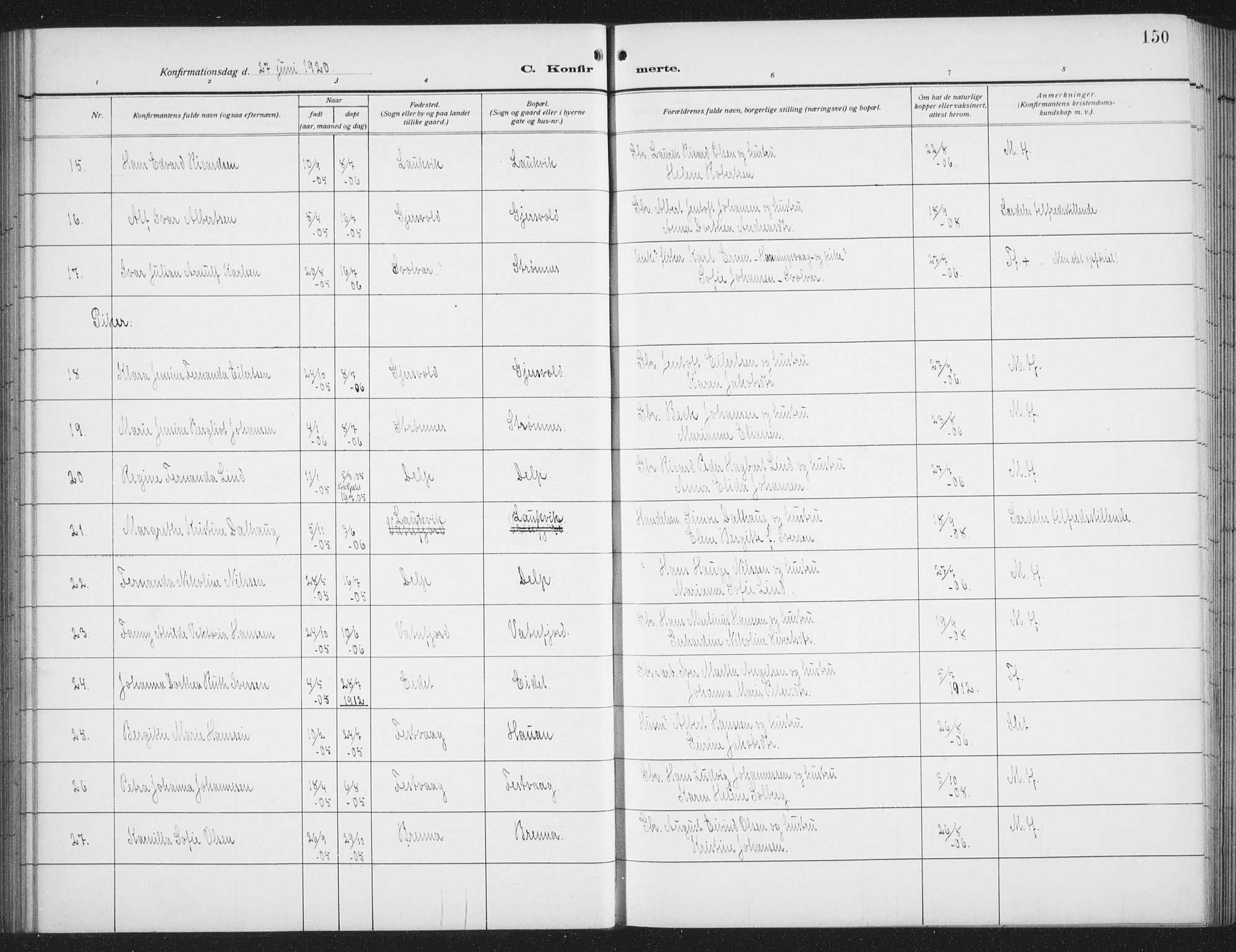 Ministerialprotokoller, klokkerbøker og fødselsregistre - Nordland, AV/SAT-A-1459/876/L1106: Parish register (copy) no. 876C05, 1915-1942, p. 150