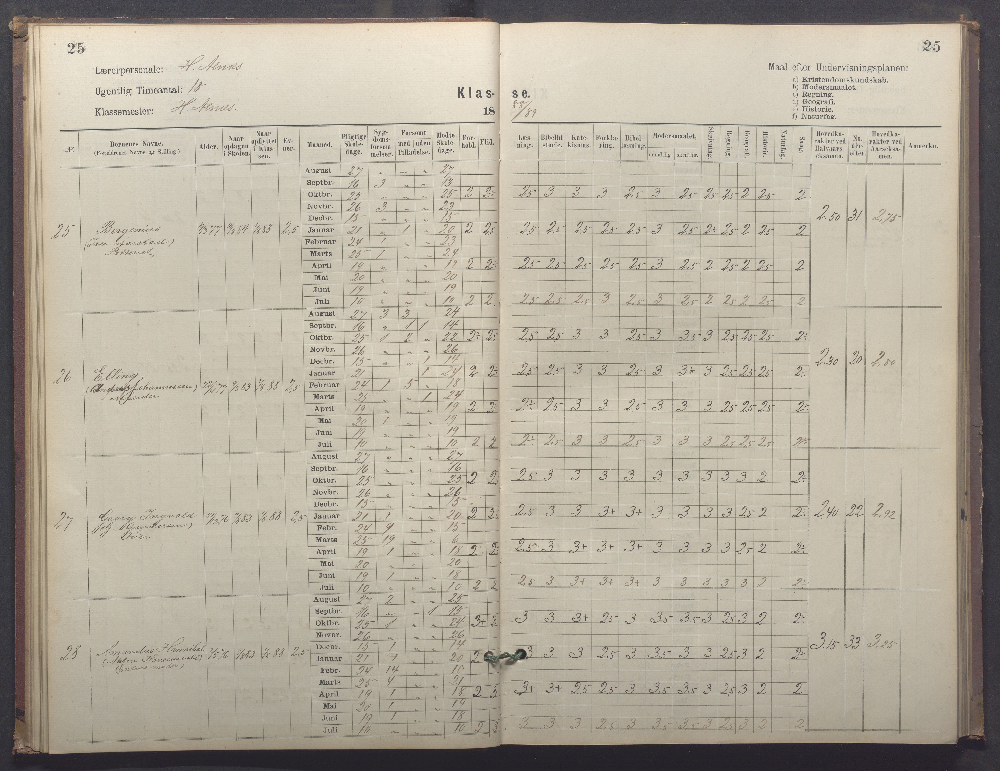 Egersund kommune (Ladested) - Egersund almueskole/folkeskole, IKAR/K-100521/H/L0025: Skoleprotokoll - Almueskolen, 4. klasse, 1887-1892, p. 25