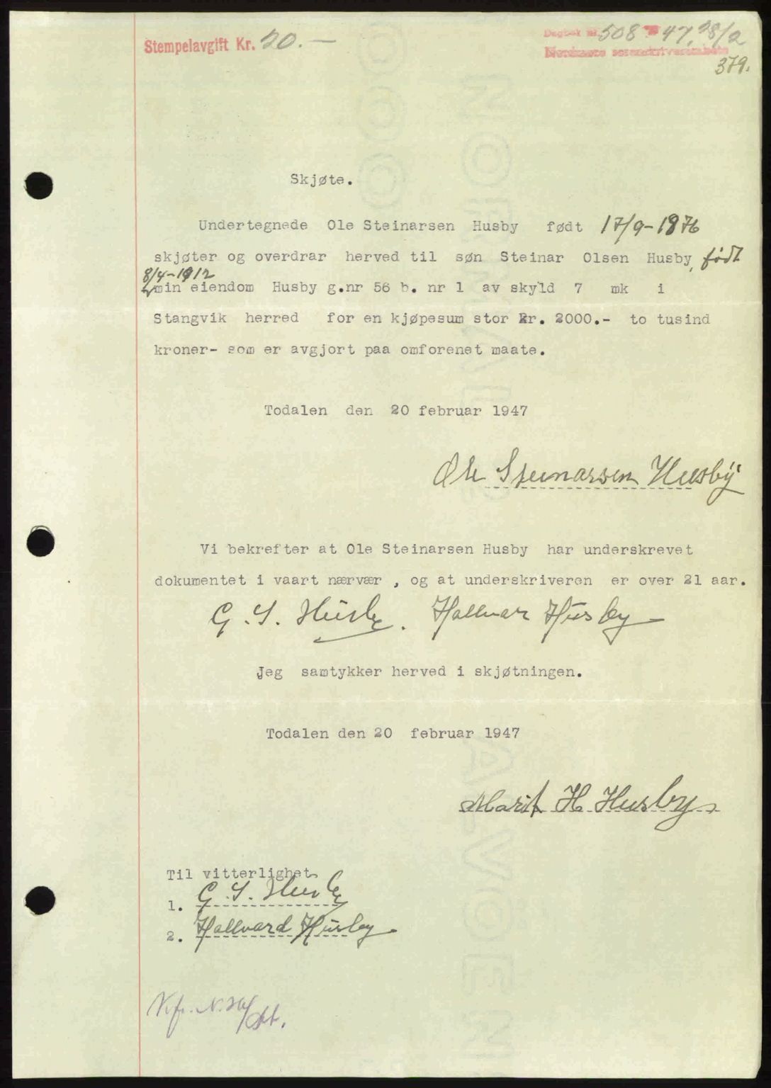 Nordmøre sorenskriveri, AV/SAT-A-4132/1/2/2Ca: Mortgage book no. A104, 1947-1947, Diary no: : 508/1947