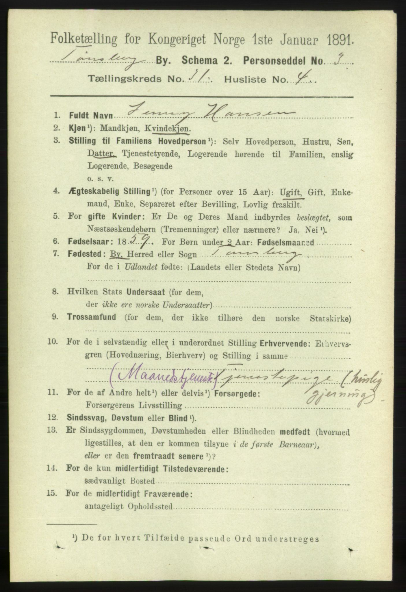 RA, 1891 census for 0705 Tønsberg, 1891, p. 7399