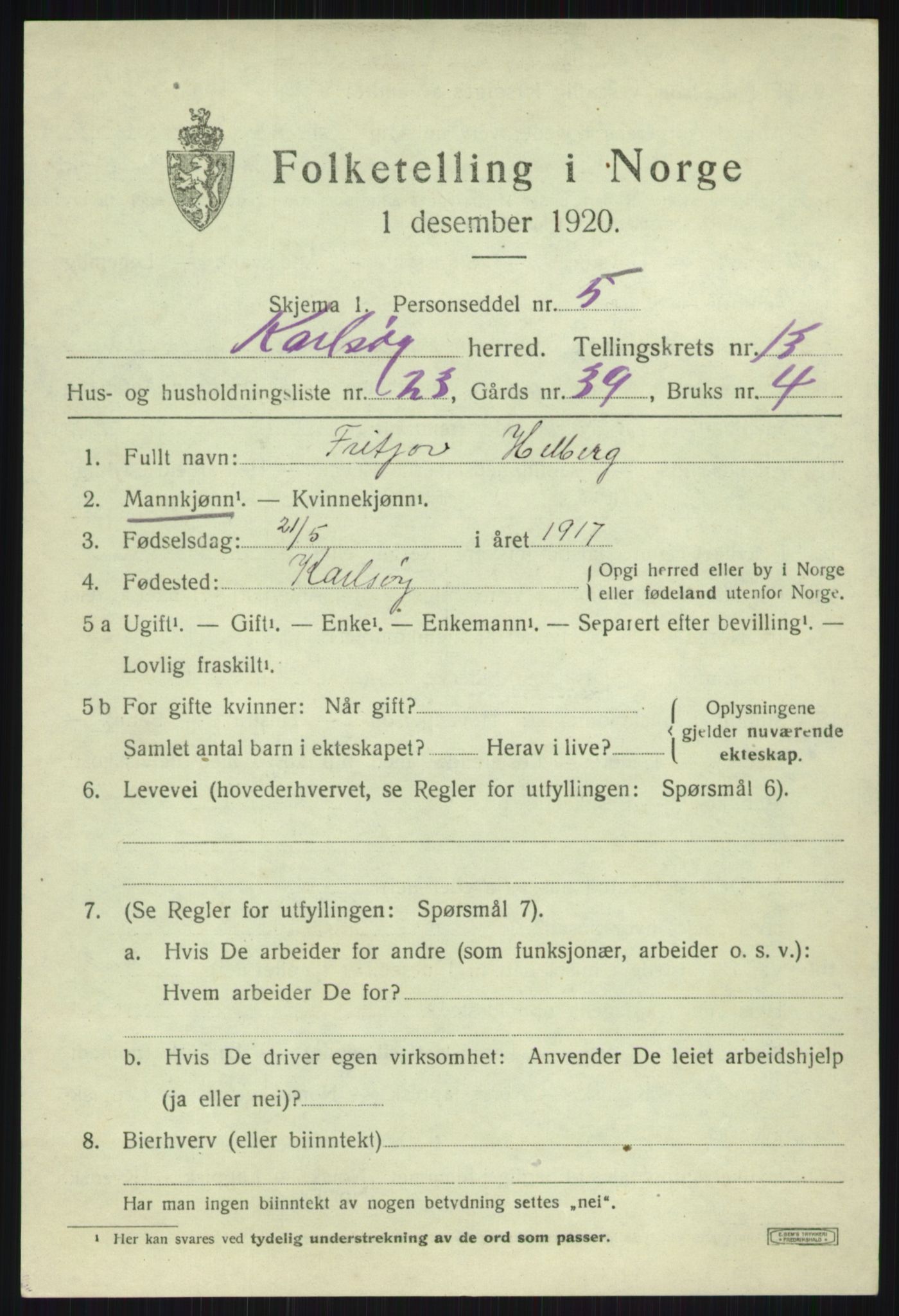 SATØ, 1920 census for Karlsøy, 1920, p. 4920